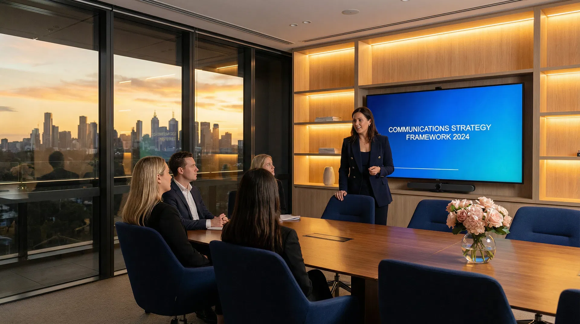 Executive boardroom strategy session with city skyline at golden hour