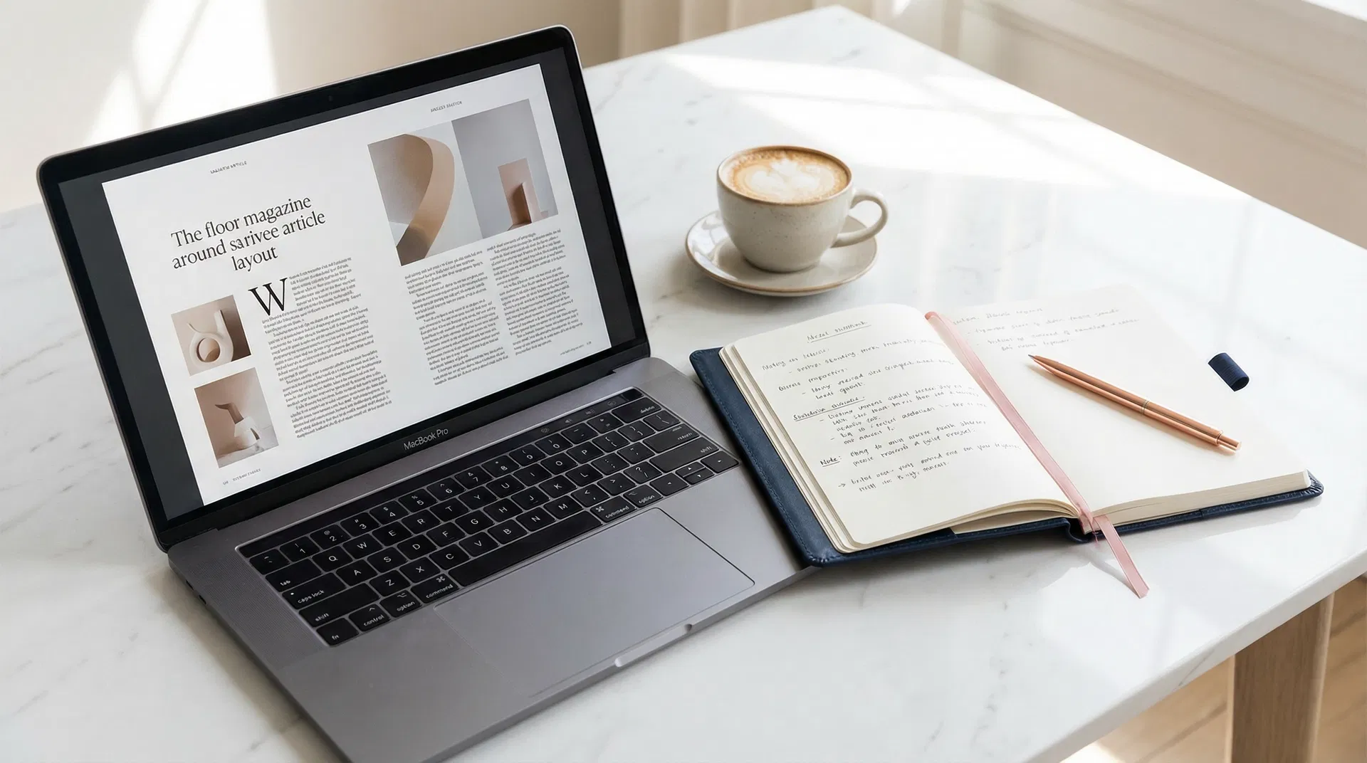 Elegant creative workspace with laptop showing editorial content, notebook and coffee