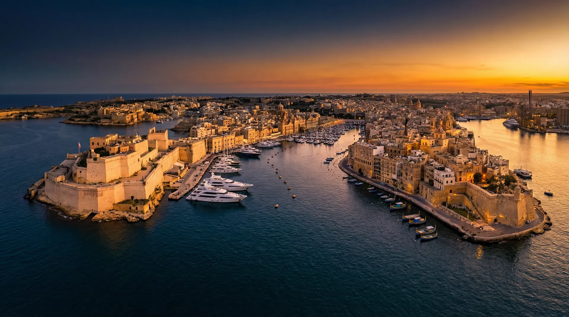 Malta Grand Harbour with the Three Cities at golden hour