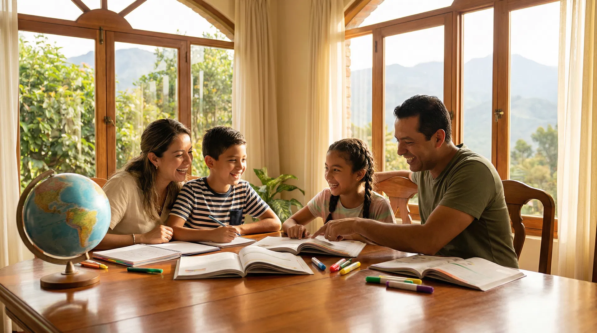Familia colombiana haciendo homeschooling