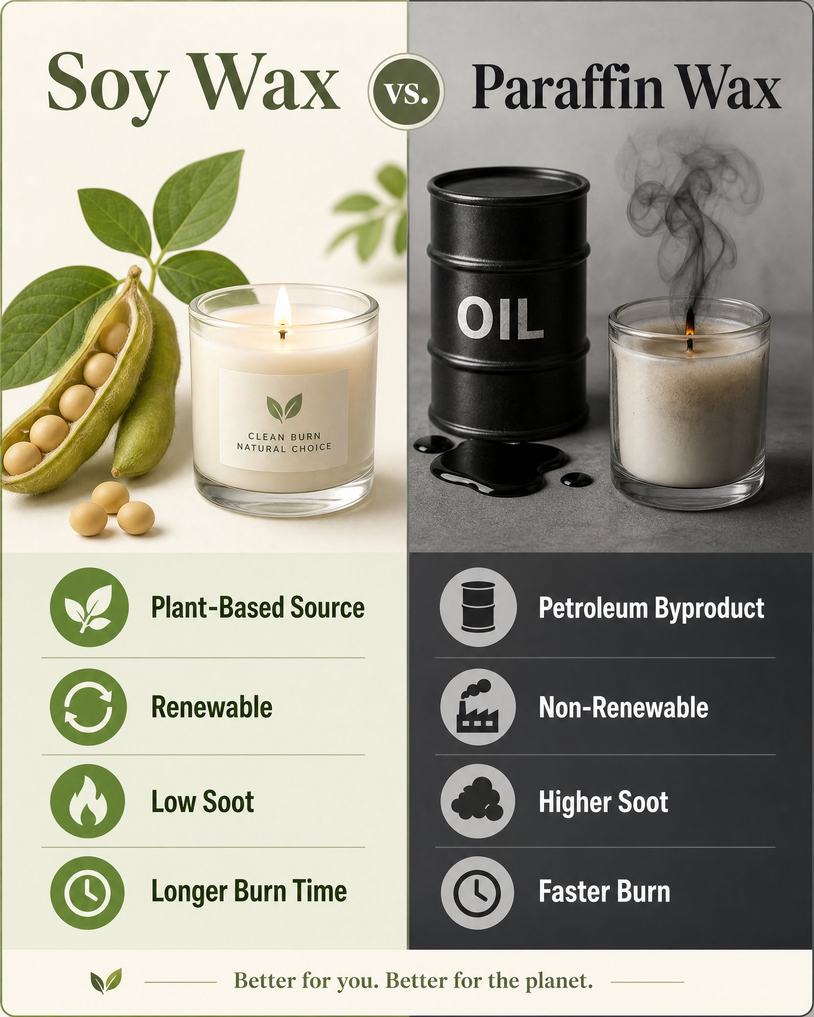 Infographic comparing soy wax and paraffin wax, highlighting soy wax as plant-based, renewable, low soot, and longer burning, versus paraffin wax as petroleum byproduct, non-renewable, higher soot, and faster burning.