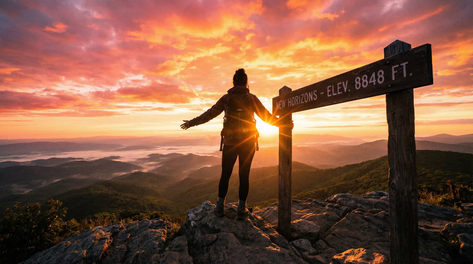 Person at mountain summit at sunrise