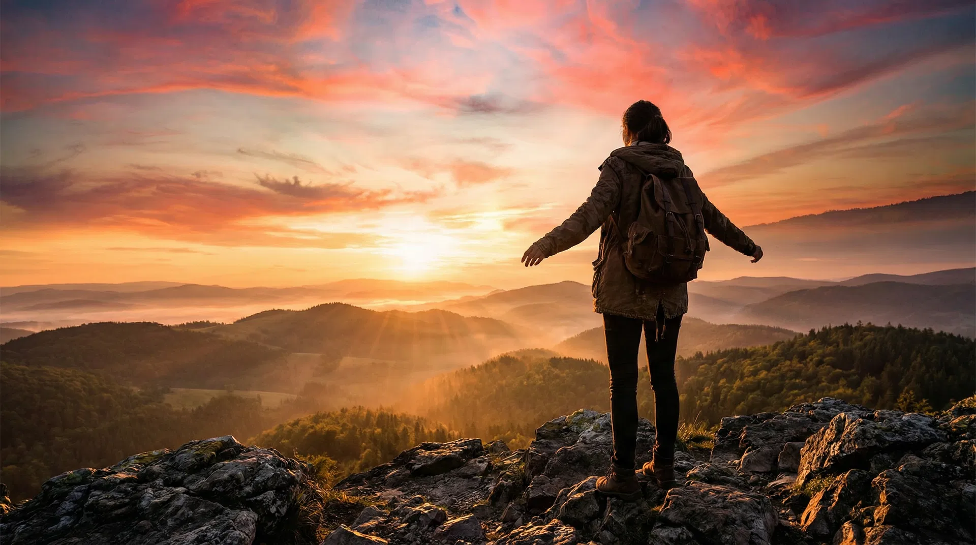 Woman hiking at sunrise