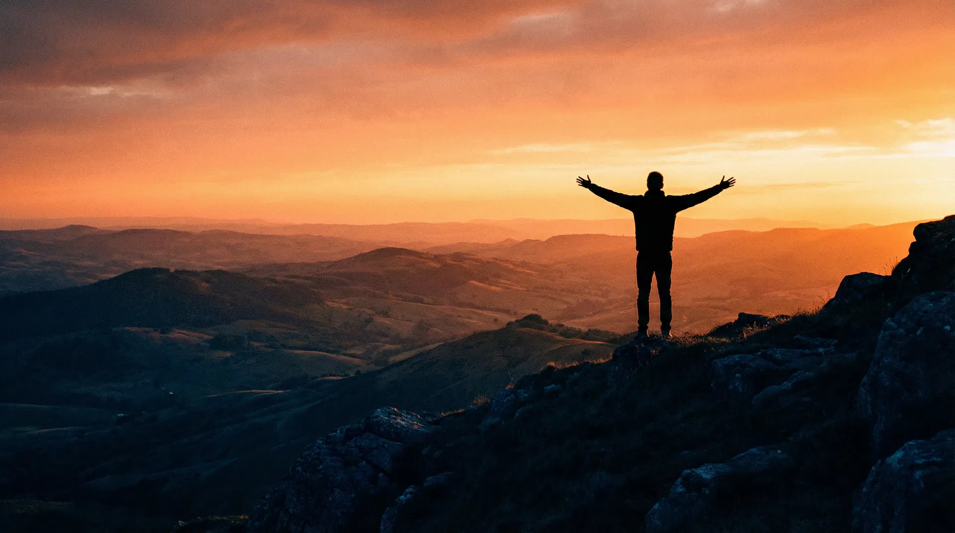 Person standing on mountain at sunset with arms open