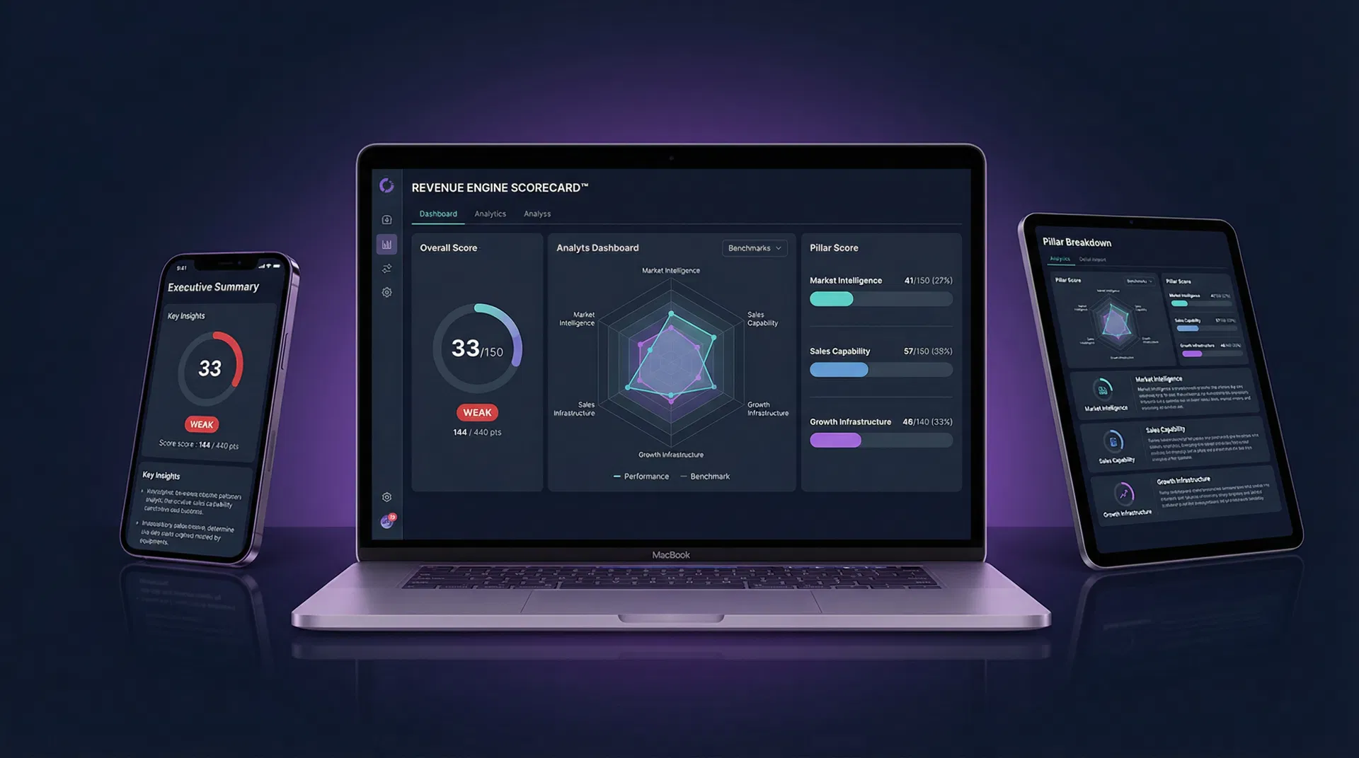 Revenue Engine Scorecard shown on MacBook, iPad, and iPhone