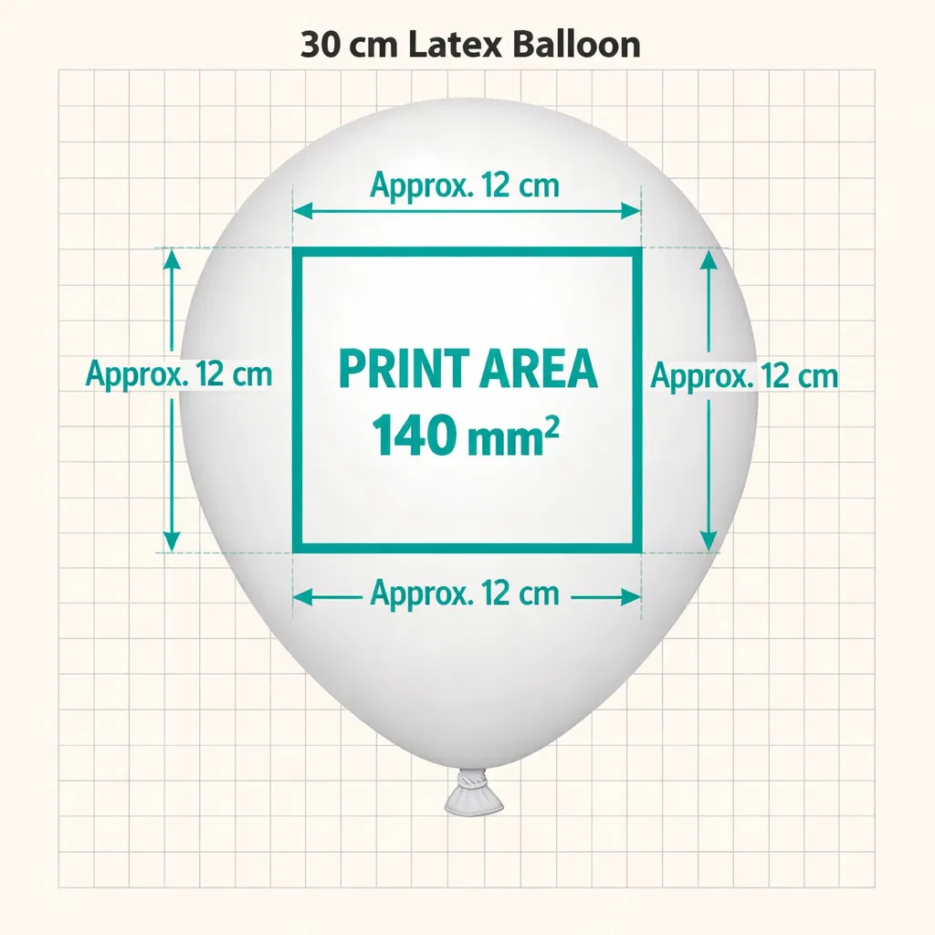 Print area diagram showing 140mm² on 30cm balloon
