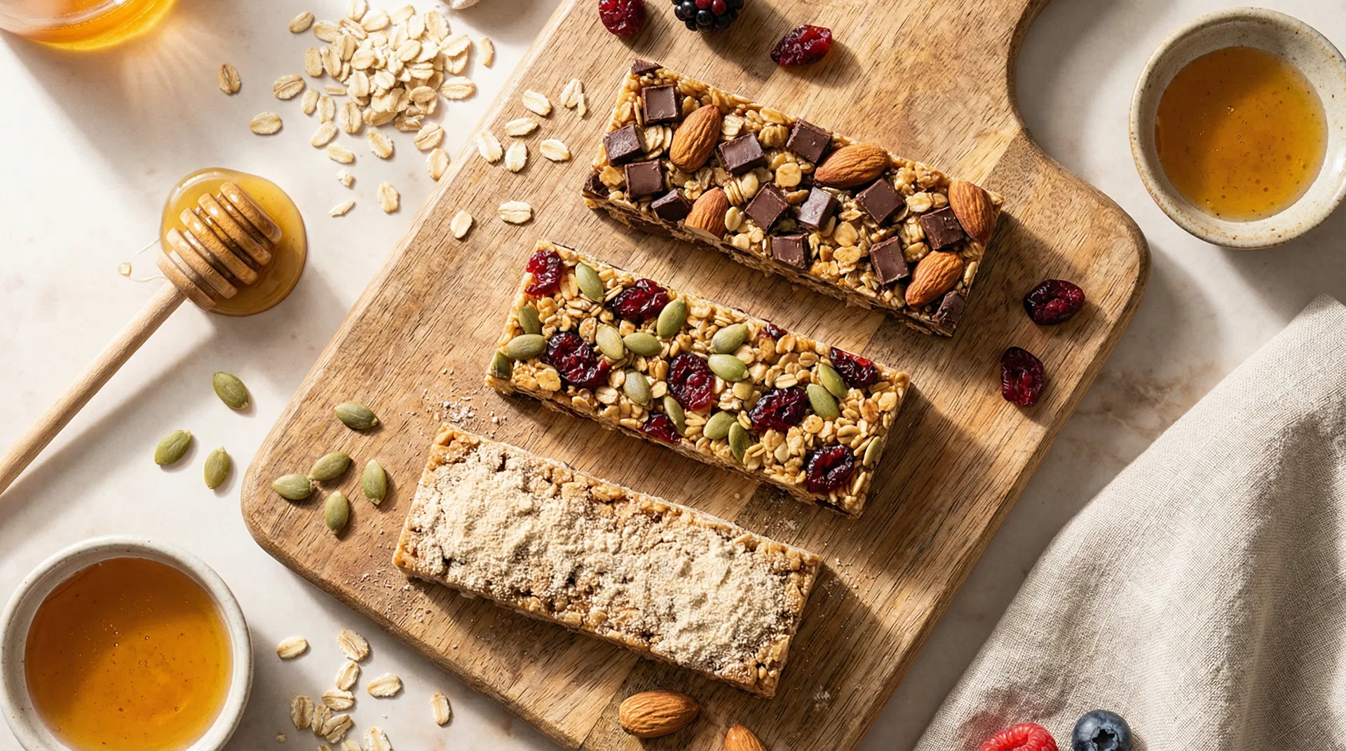 Three homemade granola bars on wooden board