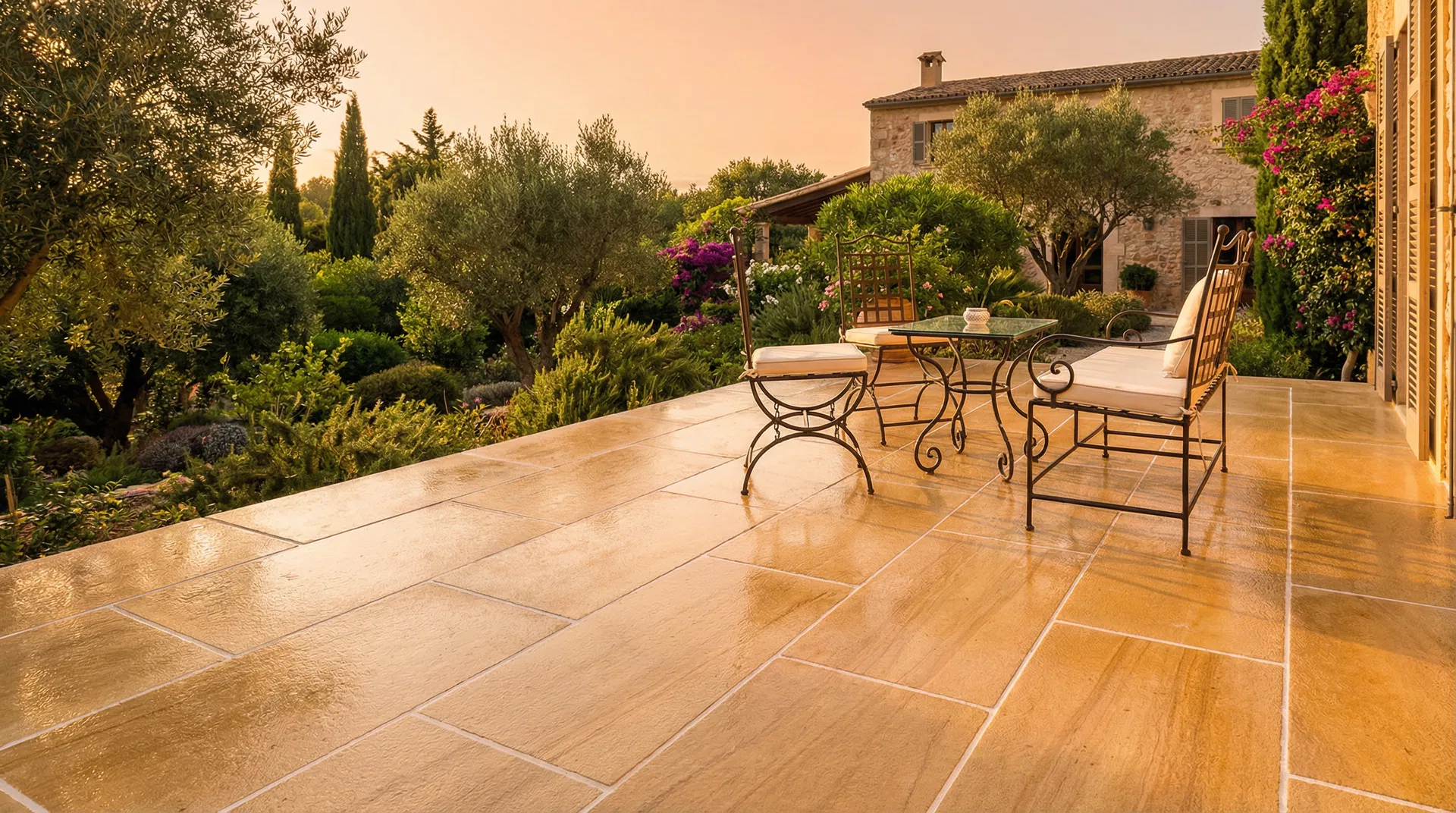 Saubere Sandsteinterrasse nach professioneller Reinigung