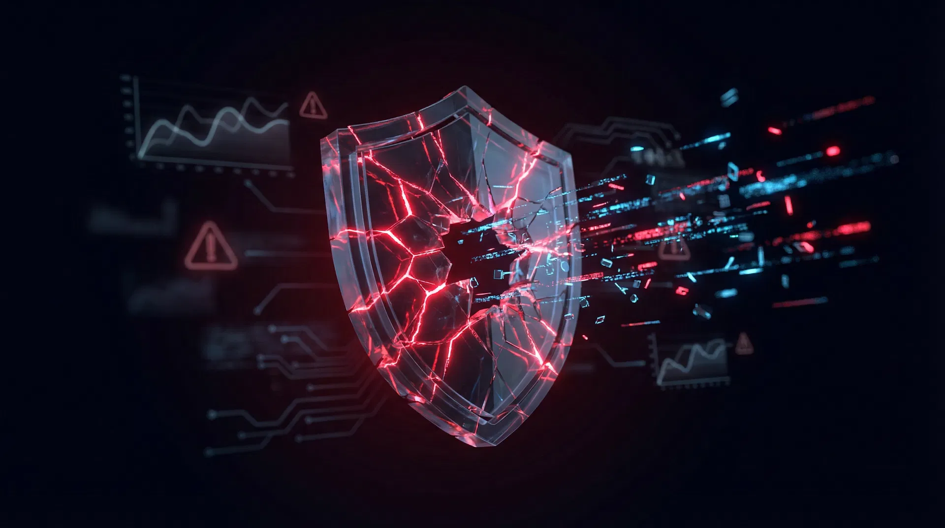 Shattered security shield representing broken traditional authentication