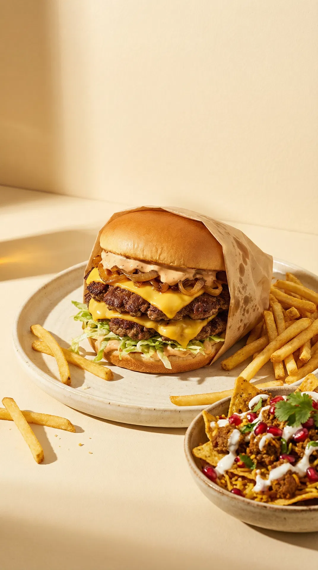 Halal smash burger with biryani nachos