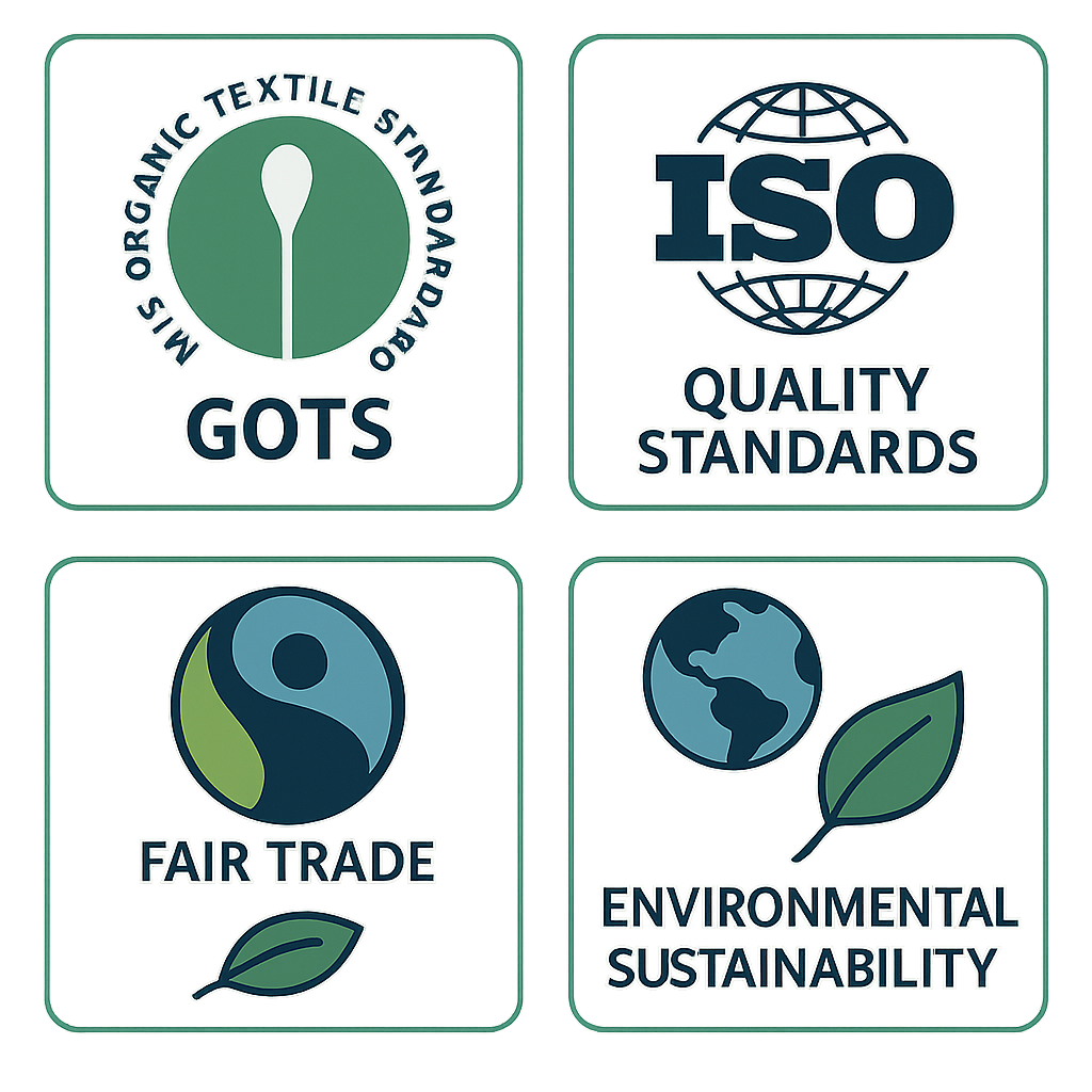 Sustainability and quality certifications for ethical cotton swab manufacturing including GOTS, ISO, and Fair Trade standards
