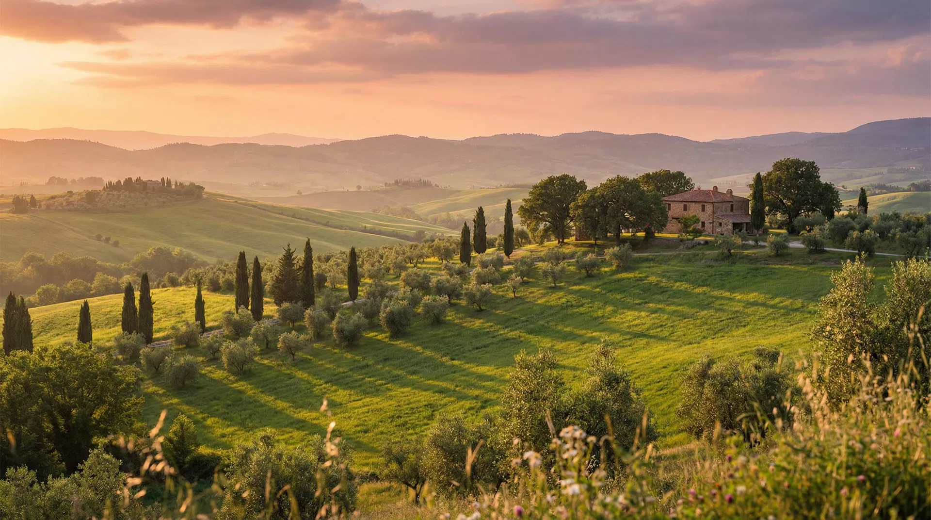 Rolling hills of Umbria, Italy at golden hour