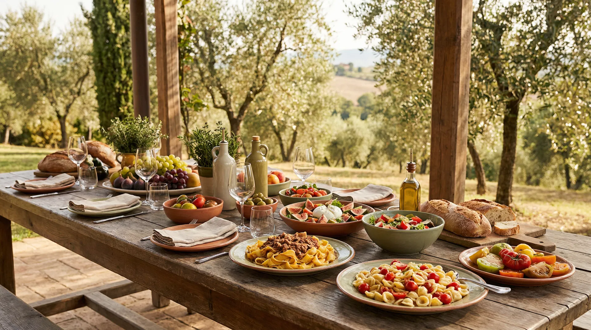 Rustic Italian feast with fresh pasta, vegetables, and artisan bread
