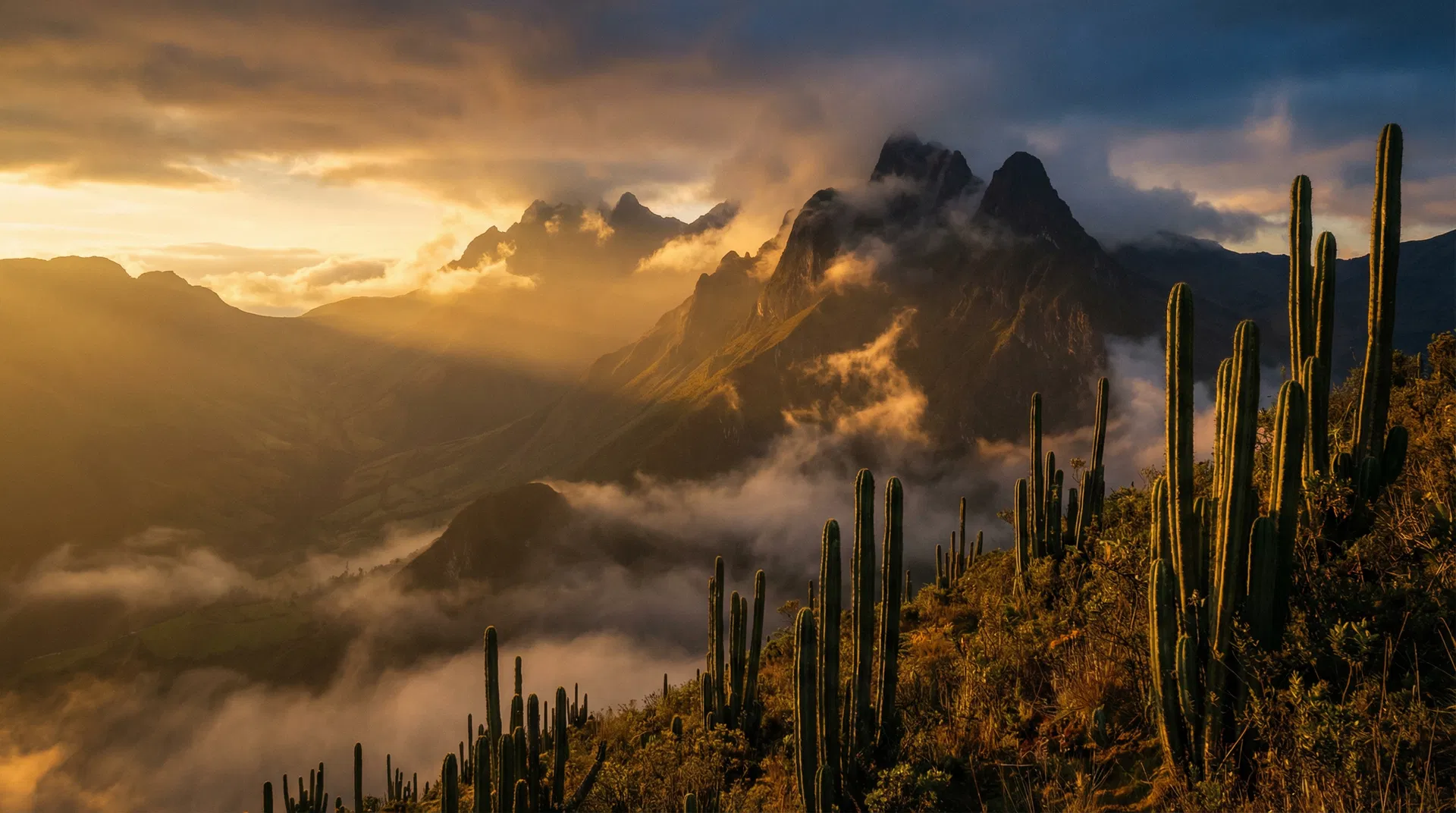Andean mountains with sacred San Pedro cactus at sunset