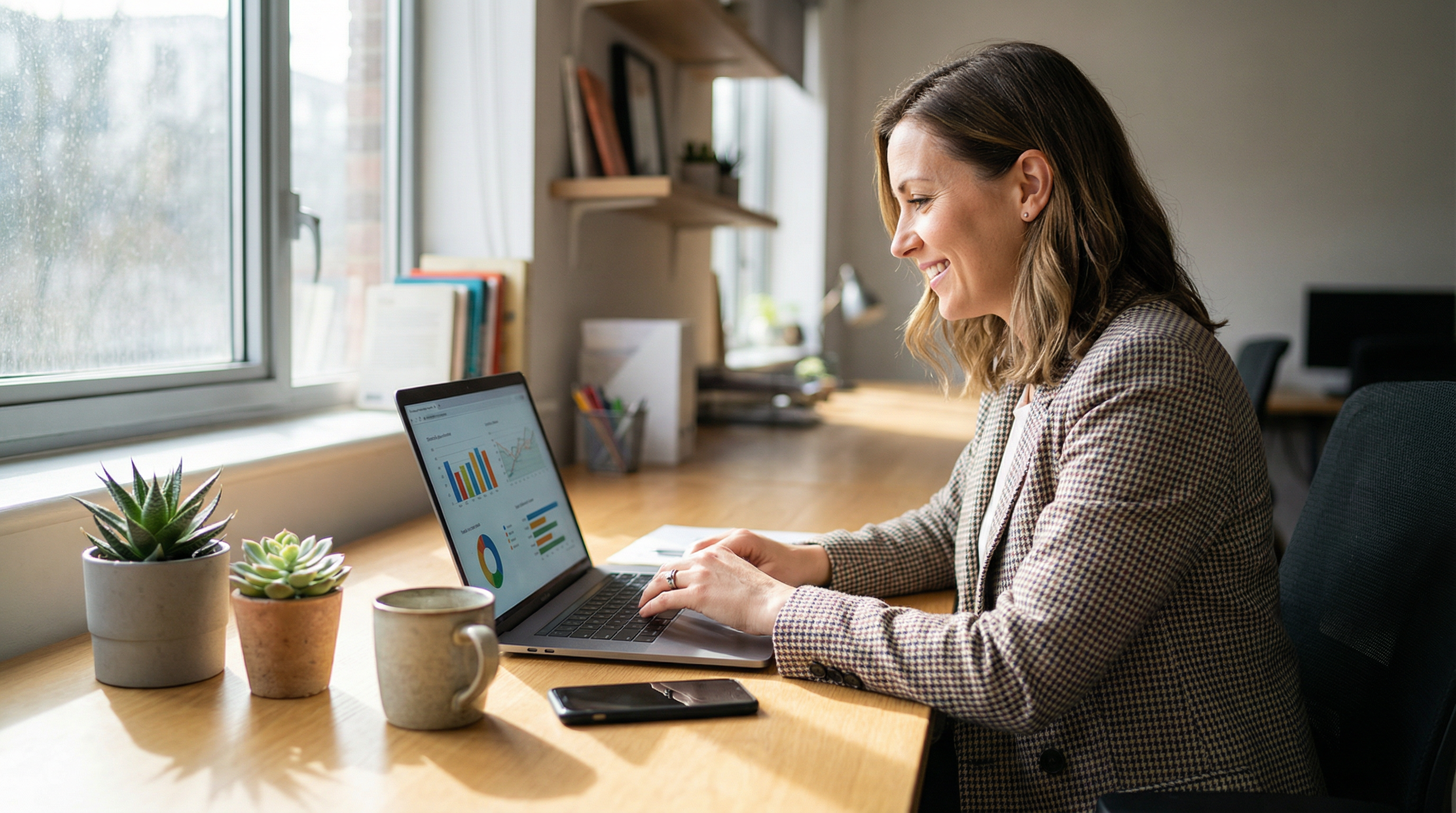 Confident small business owner using AI analytics on laptop Confident small business owner using AI analytics on laptop