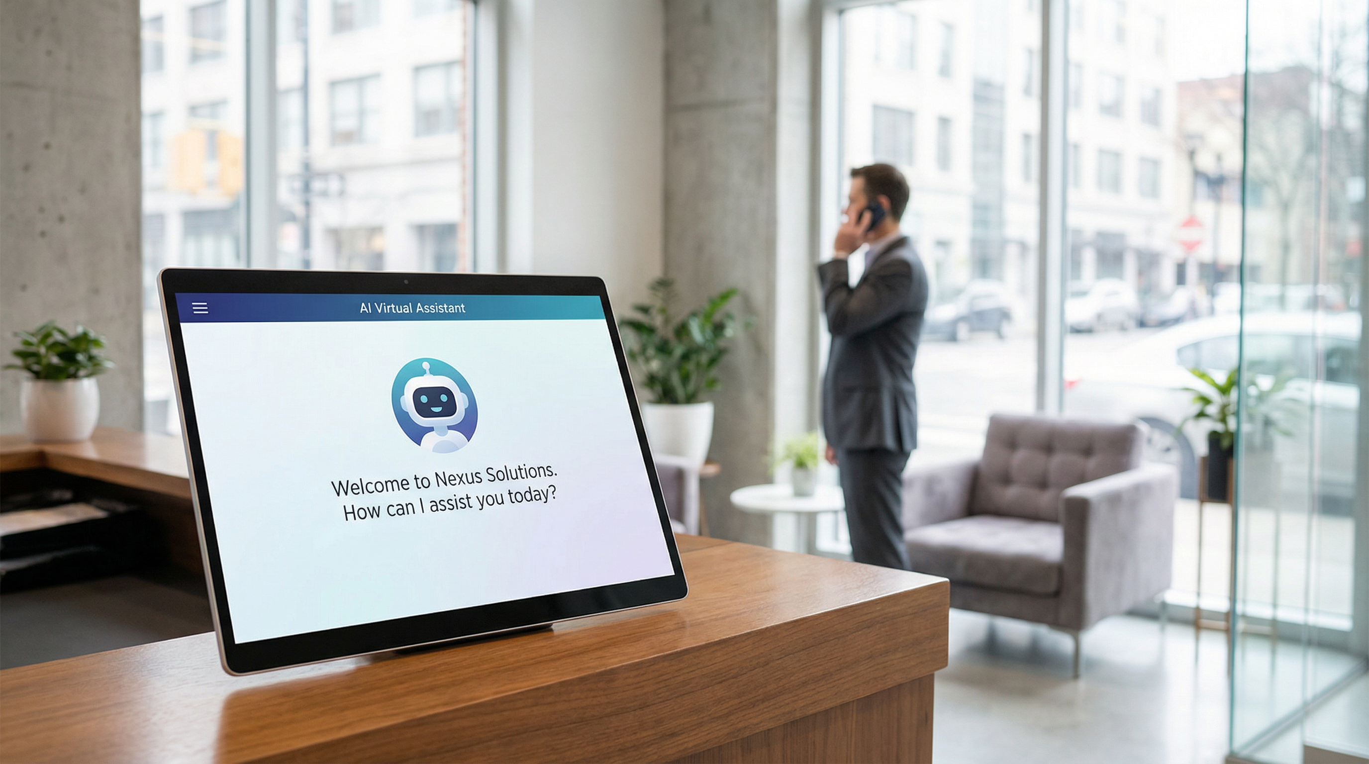 AI virtual assistant on a tablet in an office reception AI virtual assistant on a tablet in an office reception