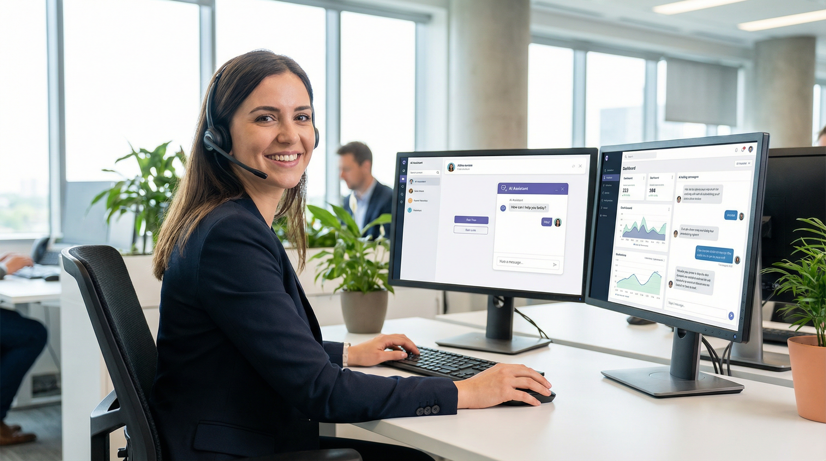 Customer service representative using an AI chatbot Customer service representative using an AI chatbot