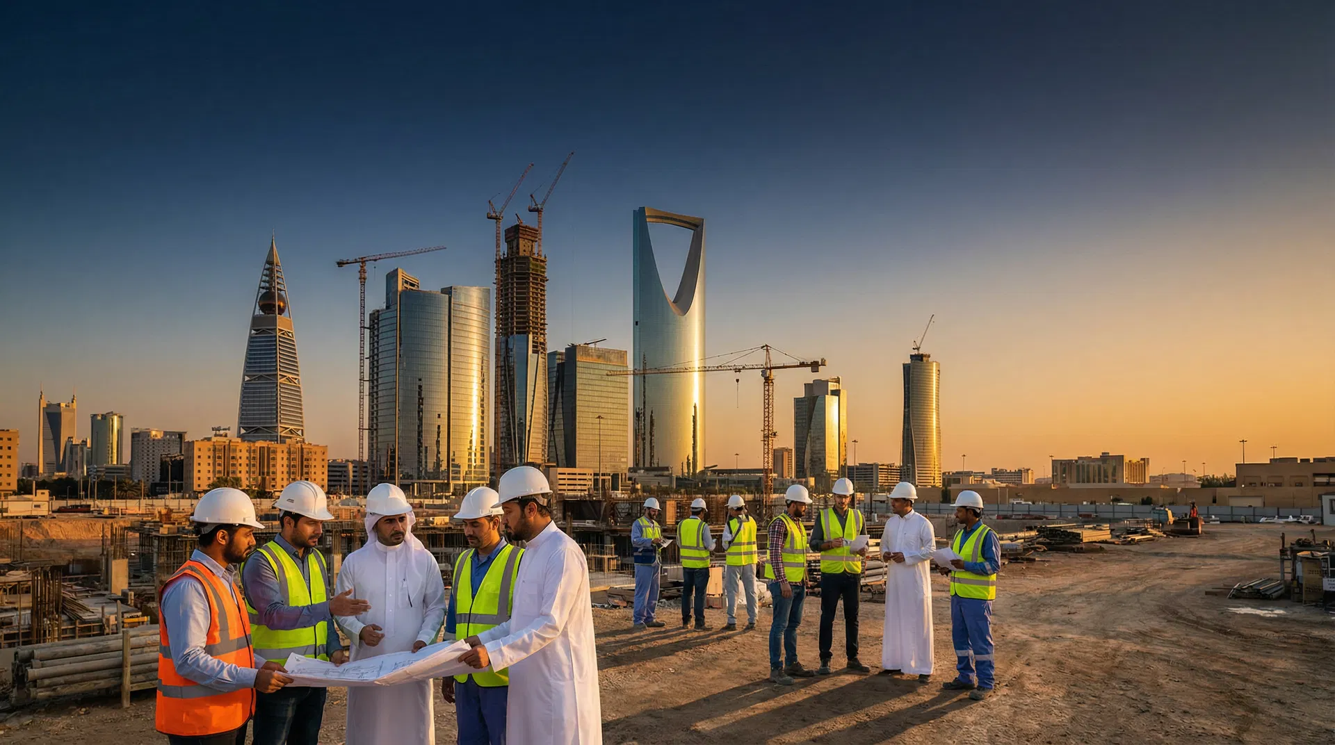 عمال محترفون في موقع بناء في الرياض، المملكة العربية السعودية