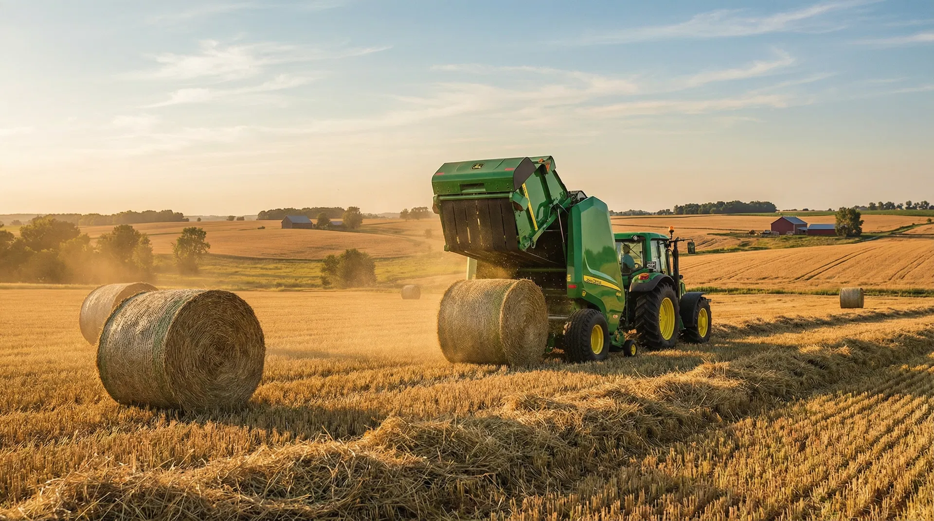 Round baler in field