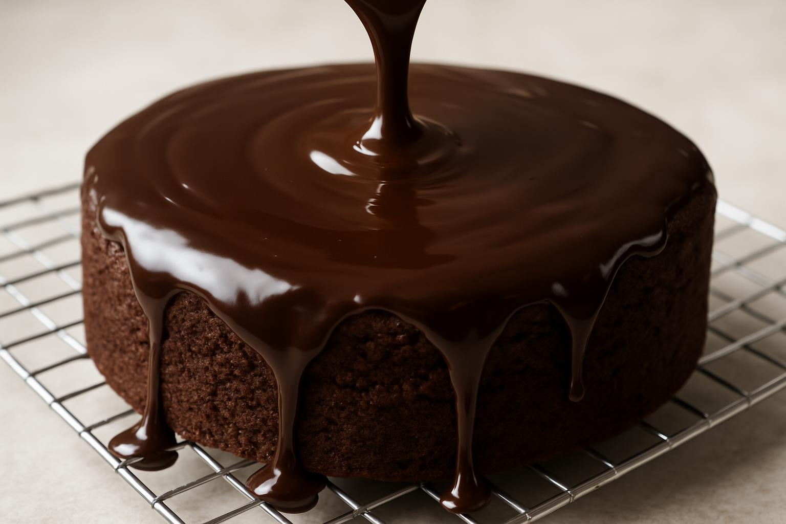 Bolo de chocolate sendo coberto com ganache