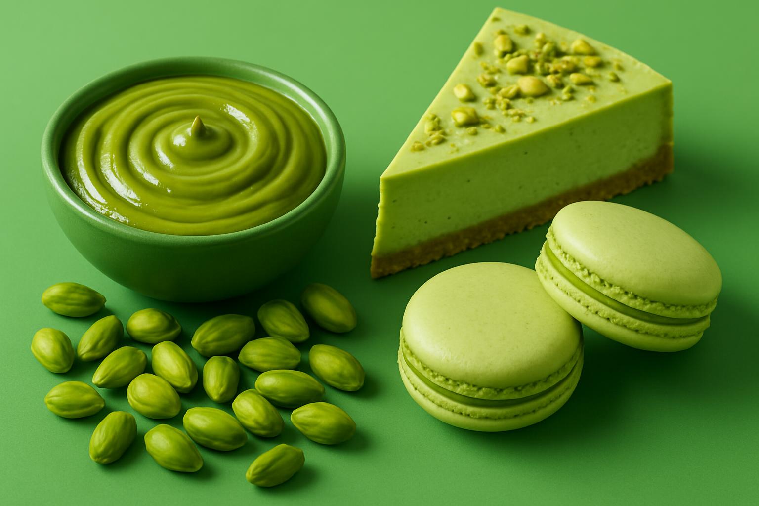 Pistaches, pasta de pistache, cheesecake e macarons