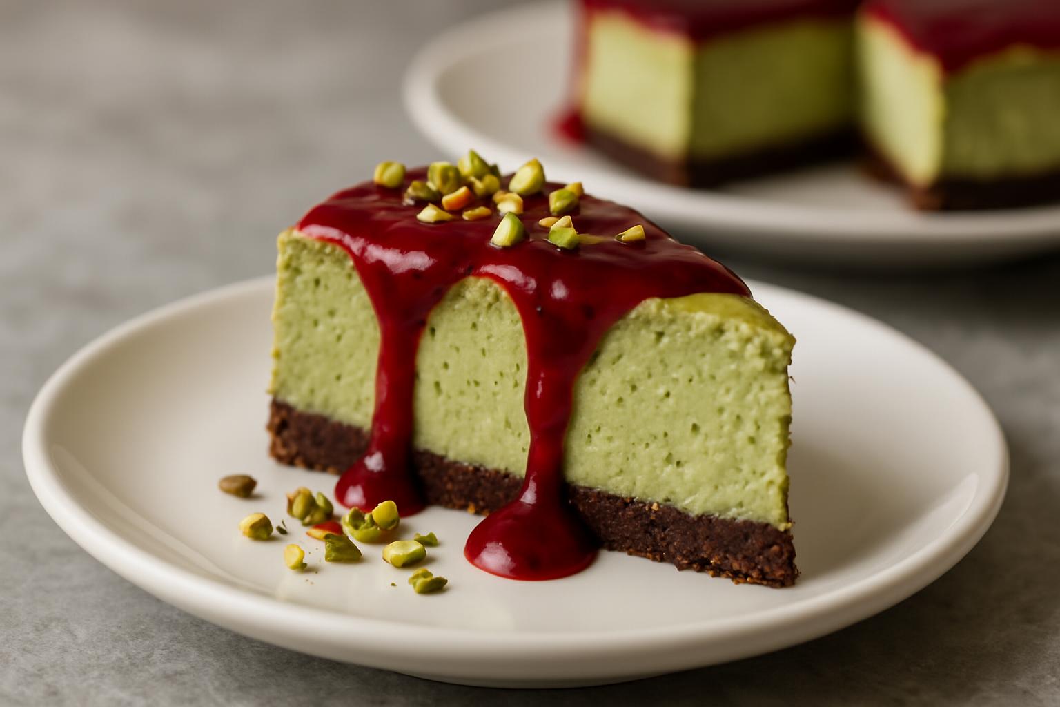 Cheesecake de pistache com calda de frutas vermelhas