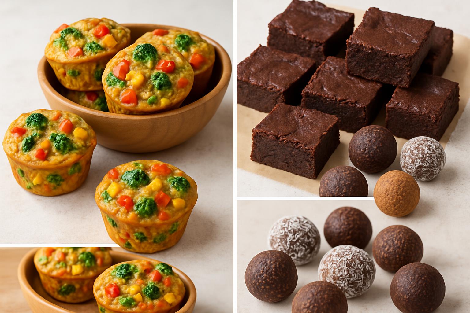 Receitas funcionais variadas: muffins salgados, brownie fit e bolinhas energéticas