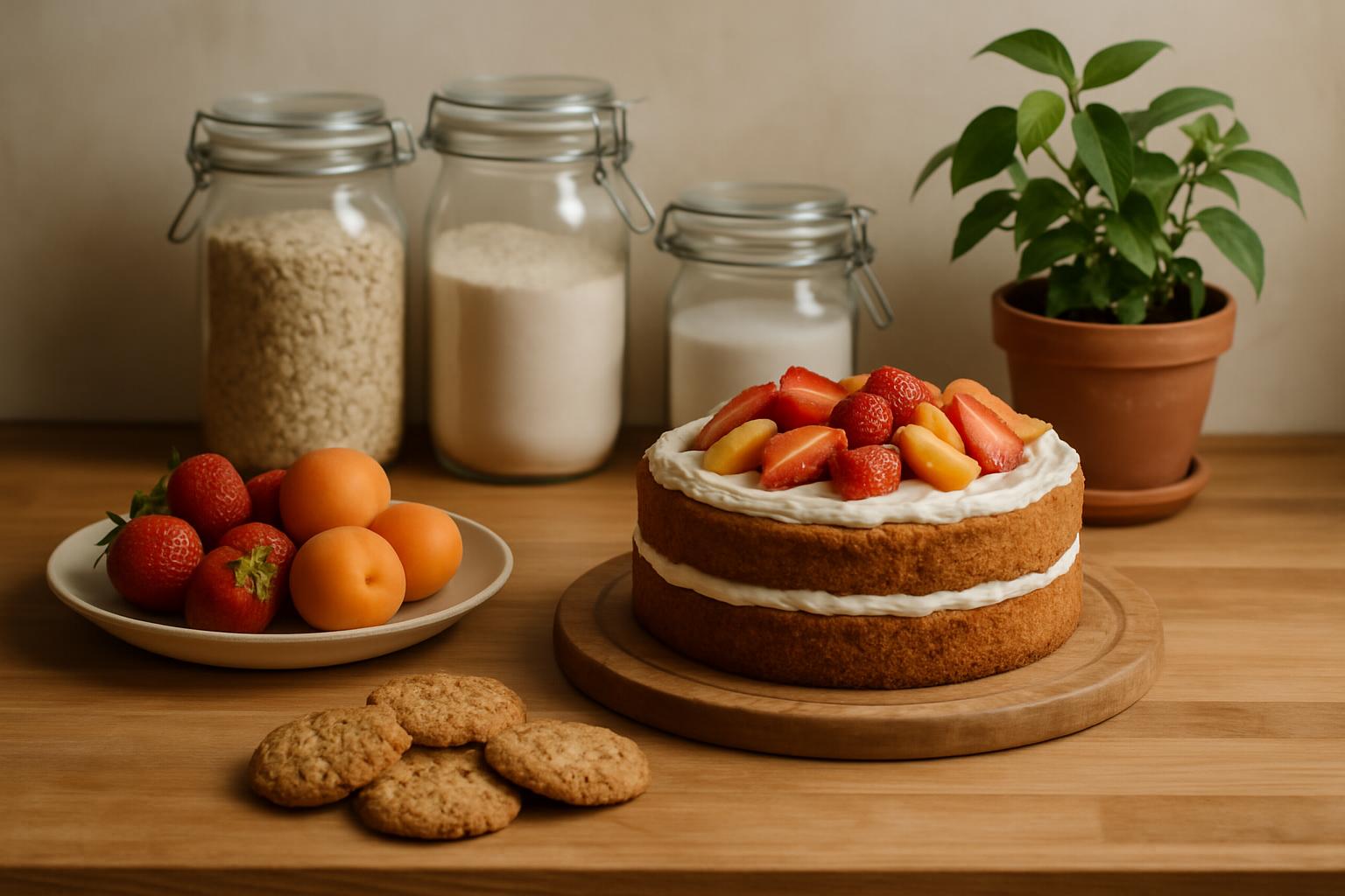 Confeitaria sustentável com bolo, frutas e ingredientes a granel