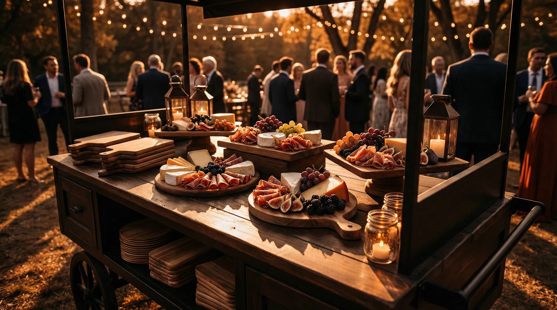 Premium mobile charcuterie cart setup at an elegant outdoor event with artisanal cheese boards and warm golden hour lighting