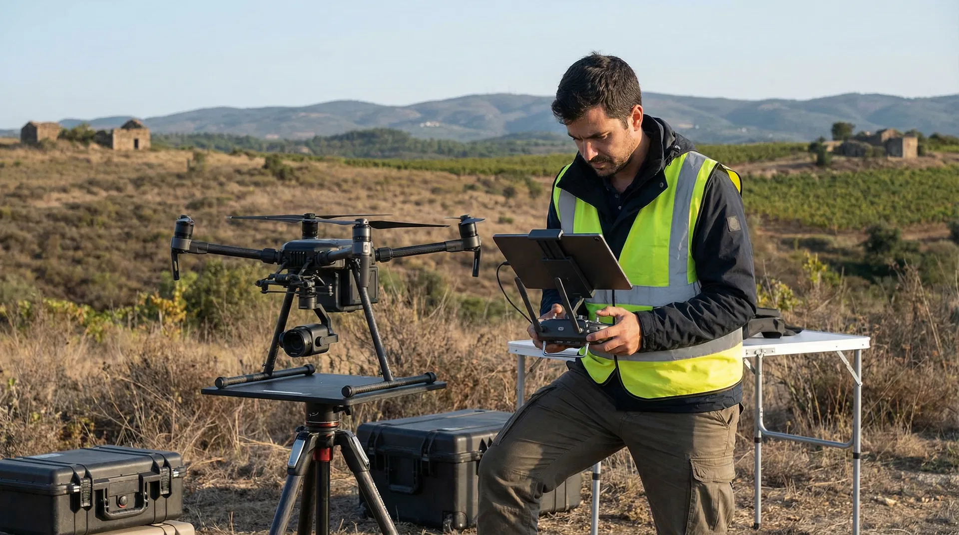 Técnico da Geo Capture PT a operar drone de levantamento topográfico em campo em Portugal