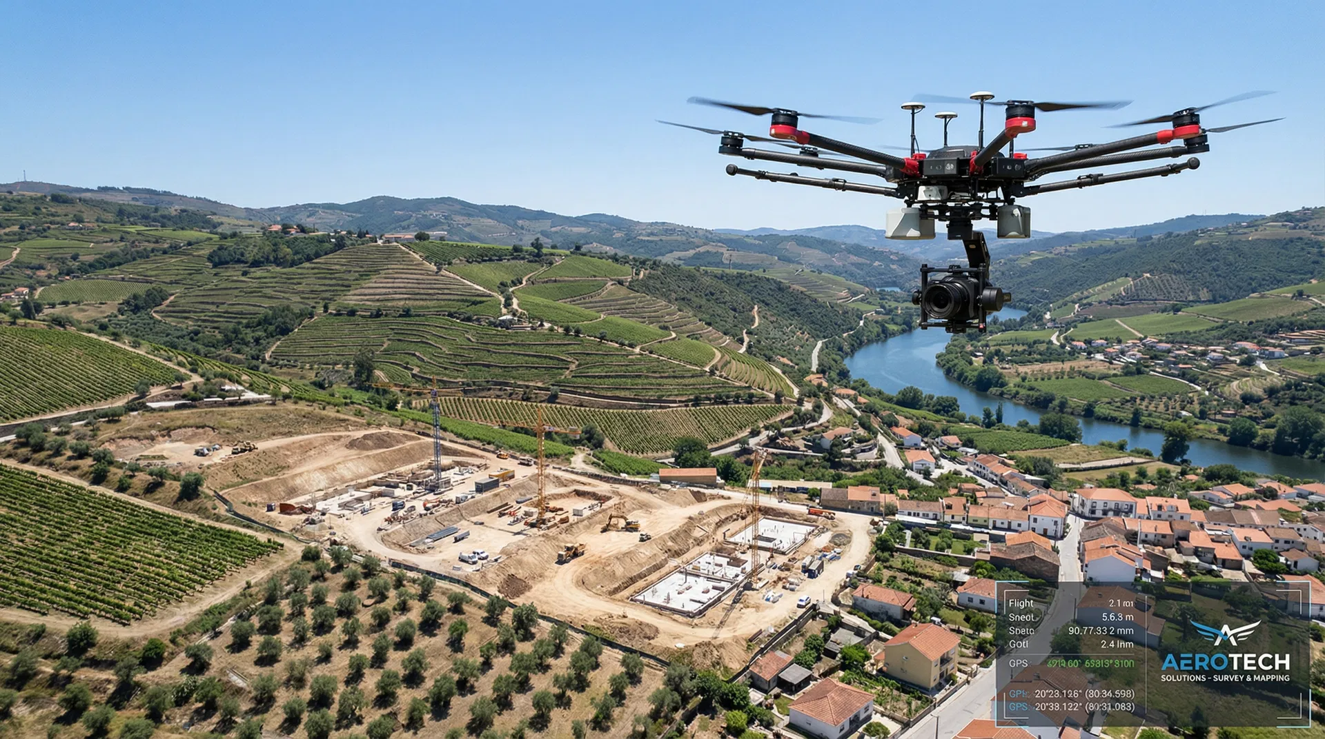 Drone de levantamento topográfico em voo sobre terreno de construção em Portugal