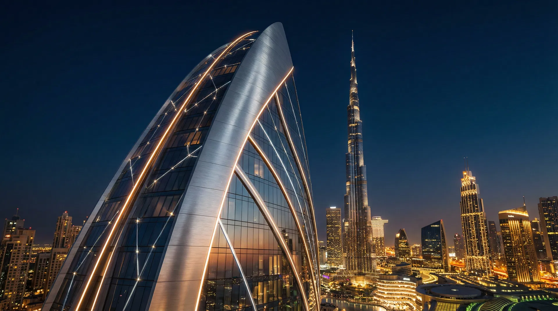 Mercedes-Benz Places tower at night in Dubai