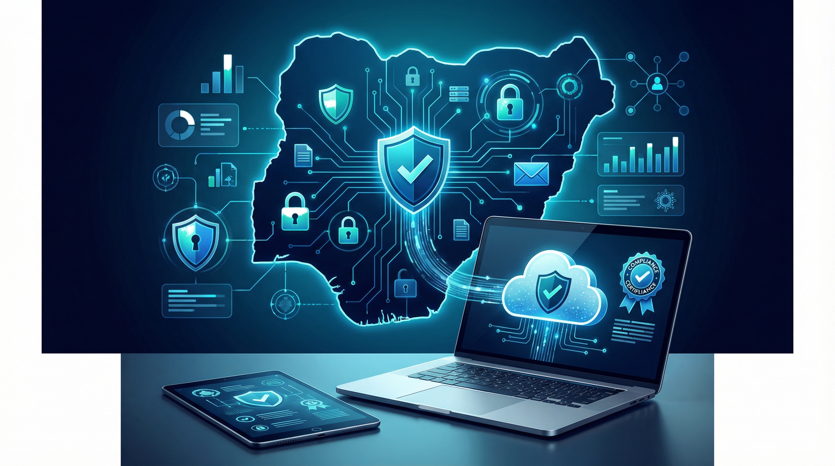 Nigeria cybersecurity framework illustration showing secure cloud systems, connected business devices, and a digital map of Nigeria for business compliance readiness