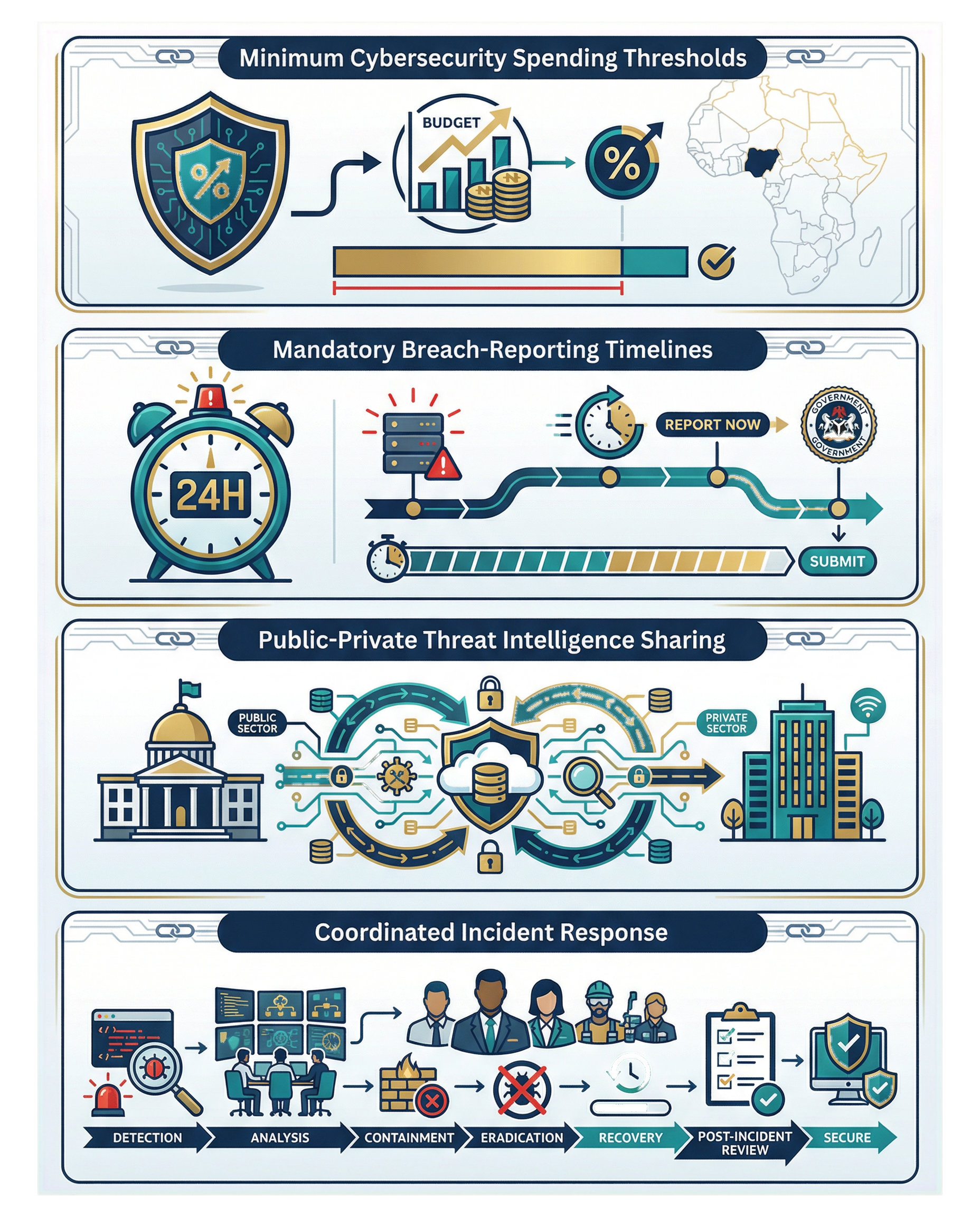 Infographic illustrating minimum cybersecurity spending thresholds, breach-reporting timelines, threat intelligence sharing, and coordinated incident response under Nigeria’s proposed cybersecurity framework