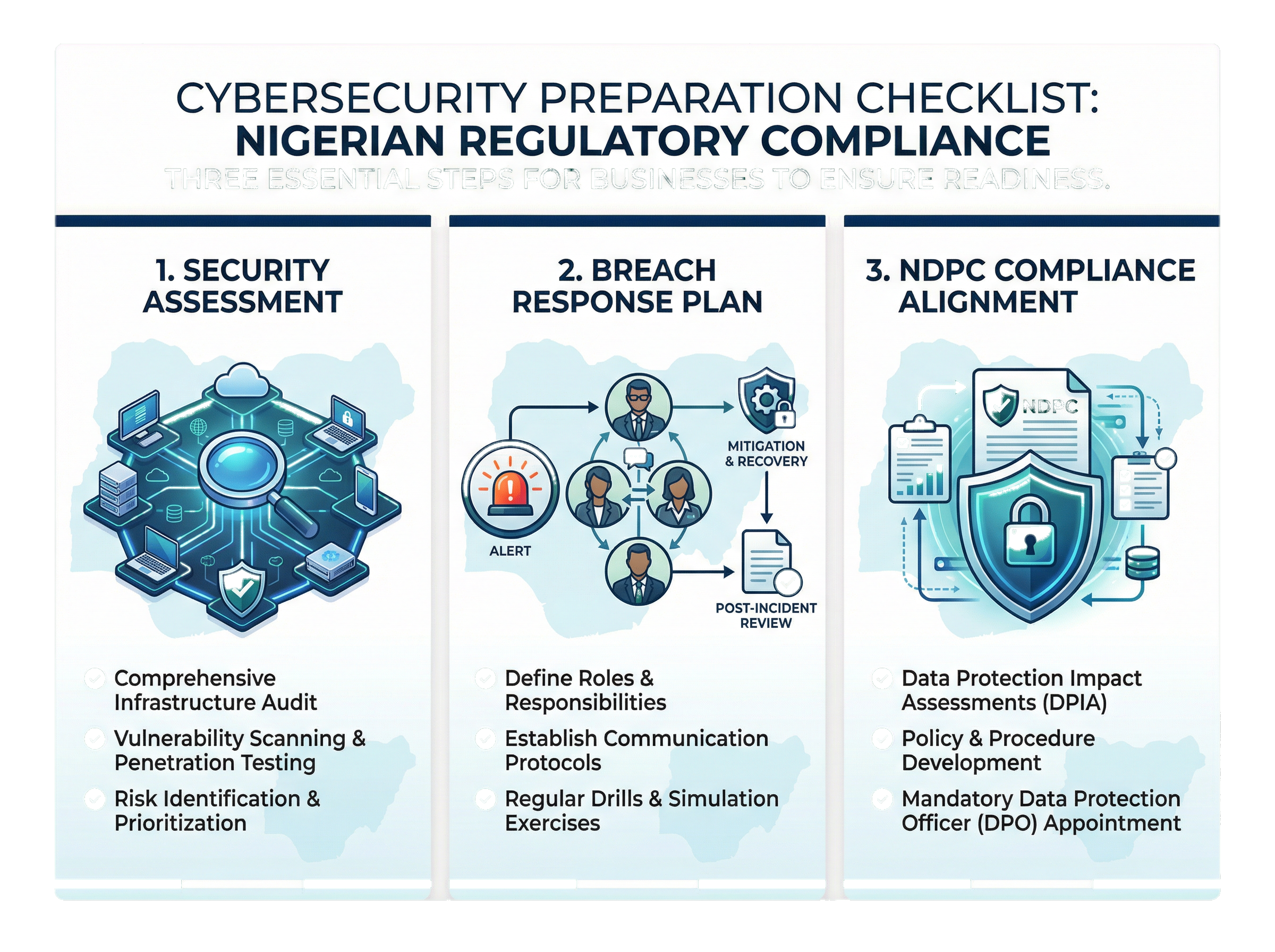 Cybersecurity preparation checklist for Nigerian businesses covering security assessment, breach response planning, and NDPC compliance alignment