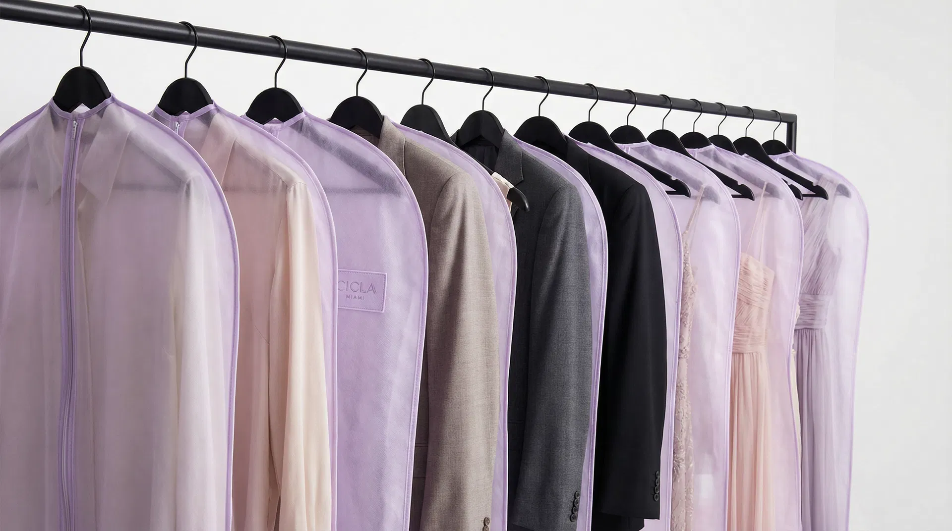 CICLA dry cleaning service — garments in lavender covers