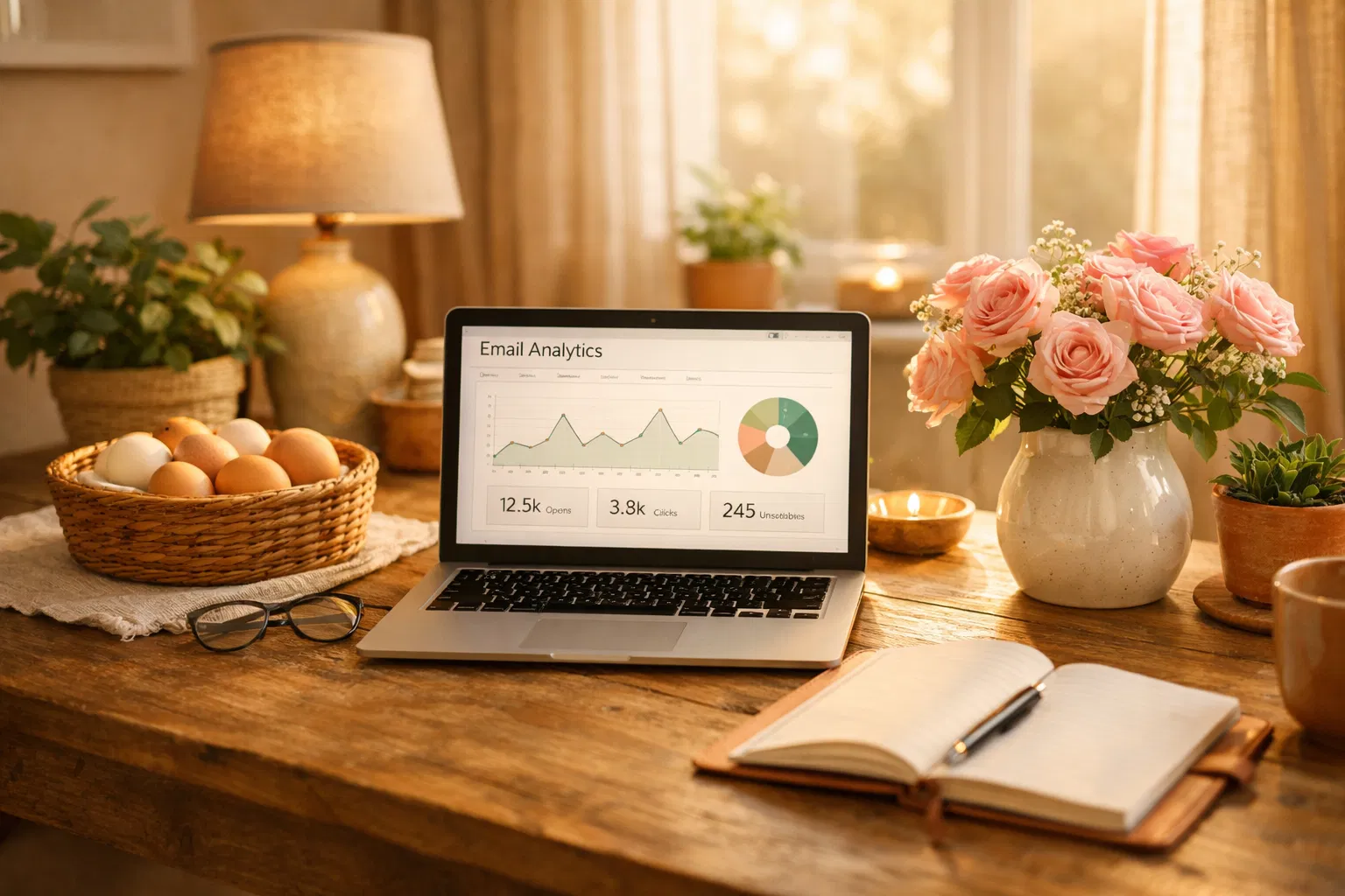 Bureau cosy avec ordinateur et fleurs