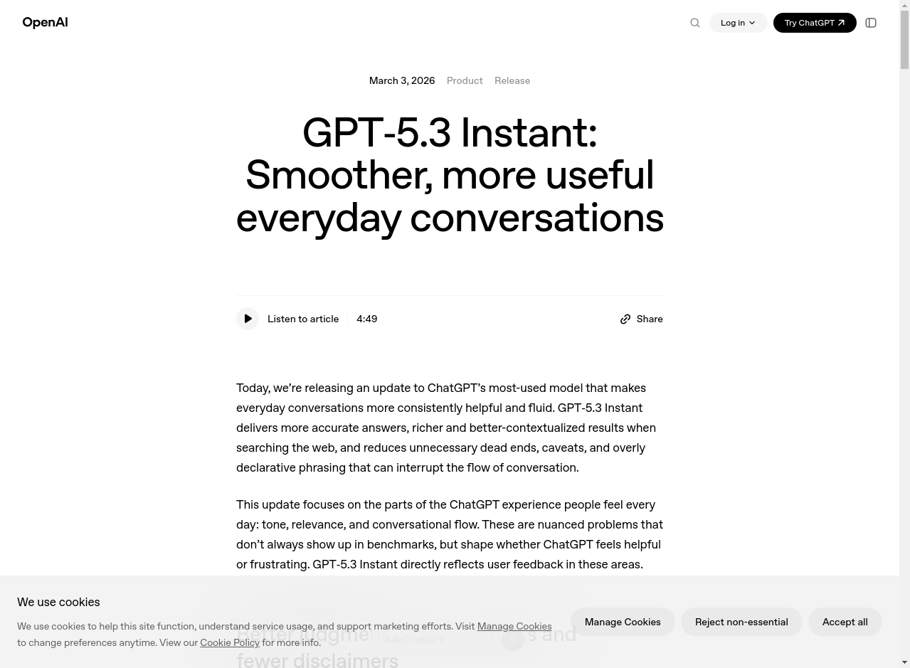 OpenAI公式ブログのGPT-5.3 Instant発表ページ
