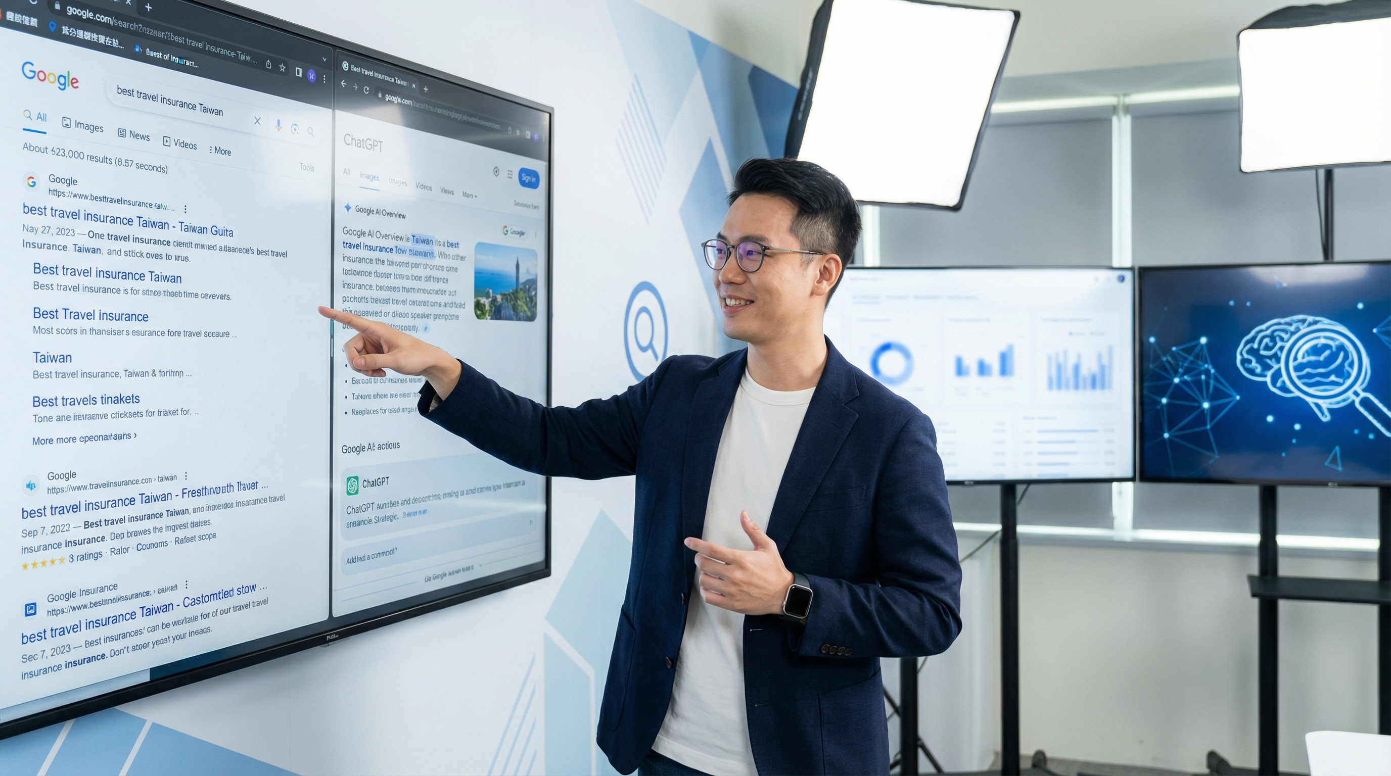 台灣數位行銷專家在攝影棚內,大螢幕同時顯示Google傳統搜尋結果和AI生成式答案