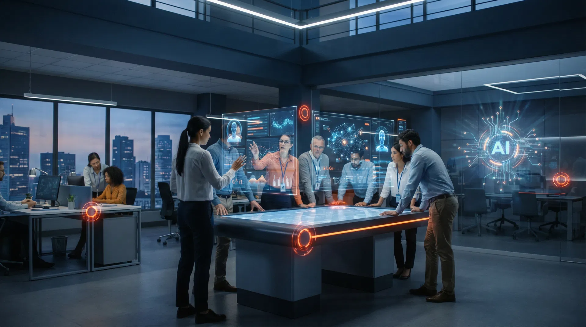 Equipe colaborando com IA