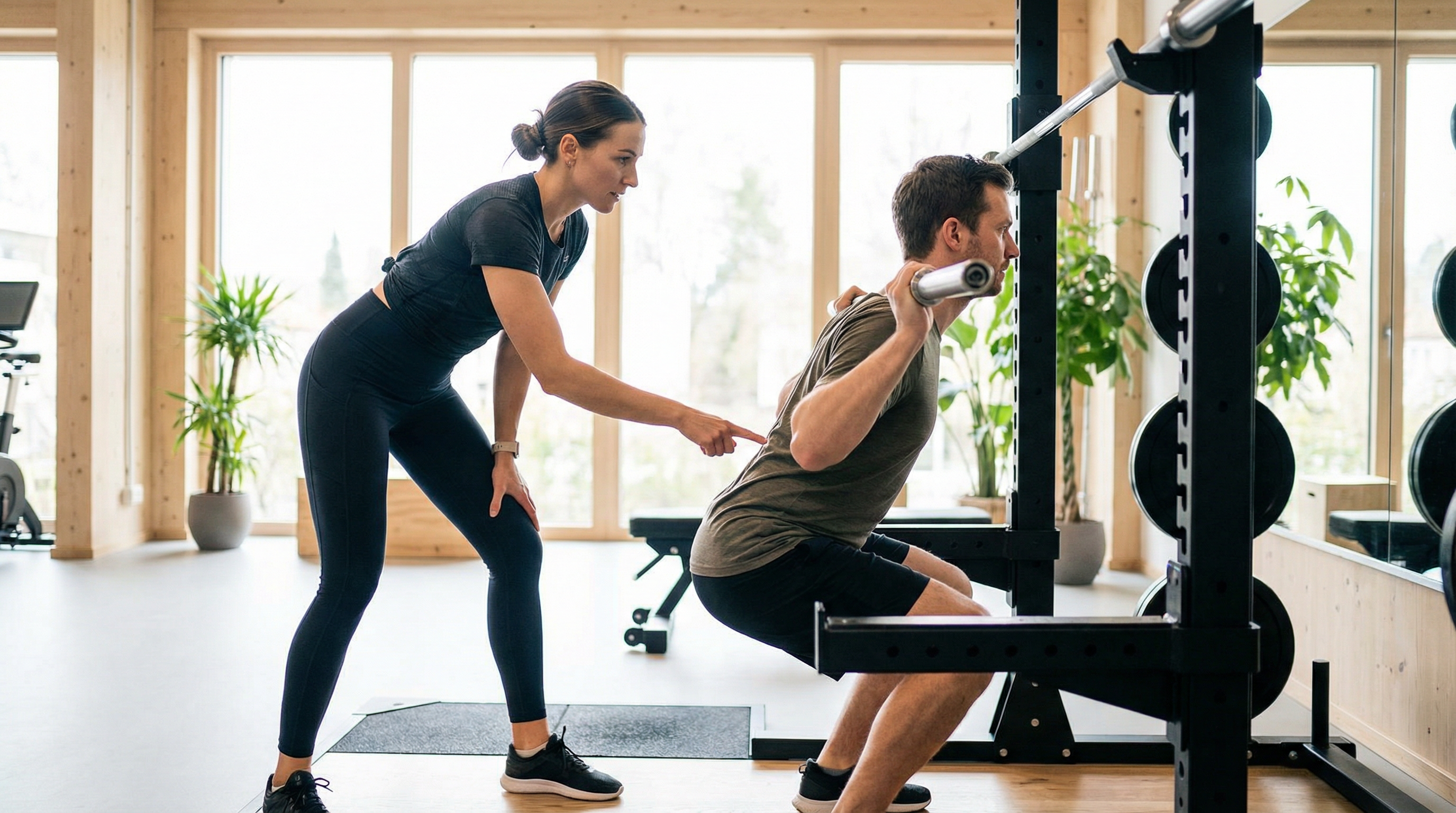 En personlig træner coacher en klient i squat-teknik