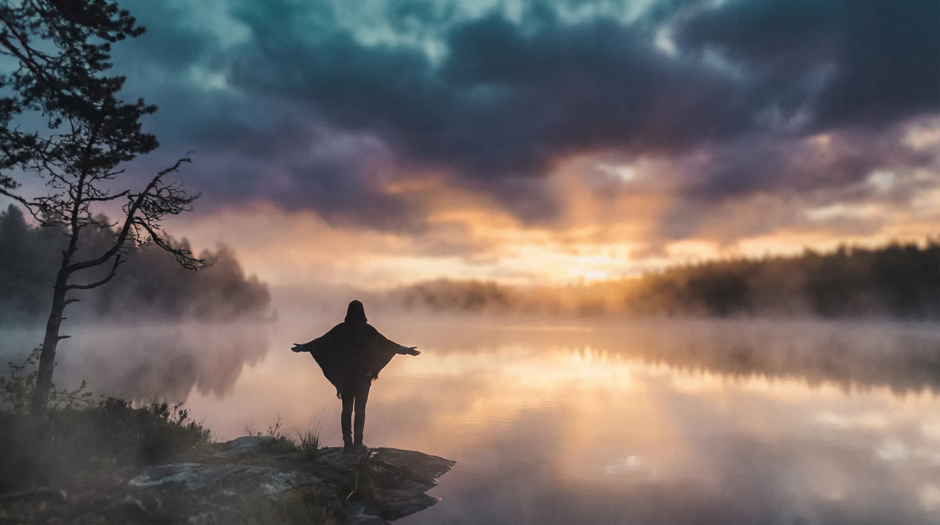 Peaceful dawn at misty lake
