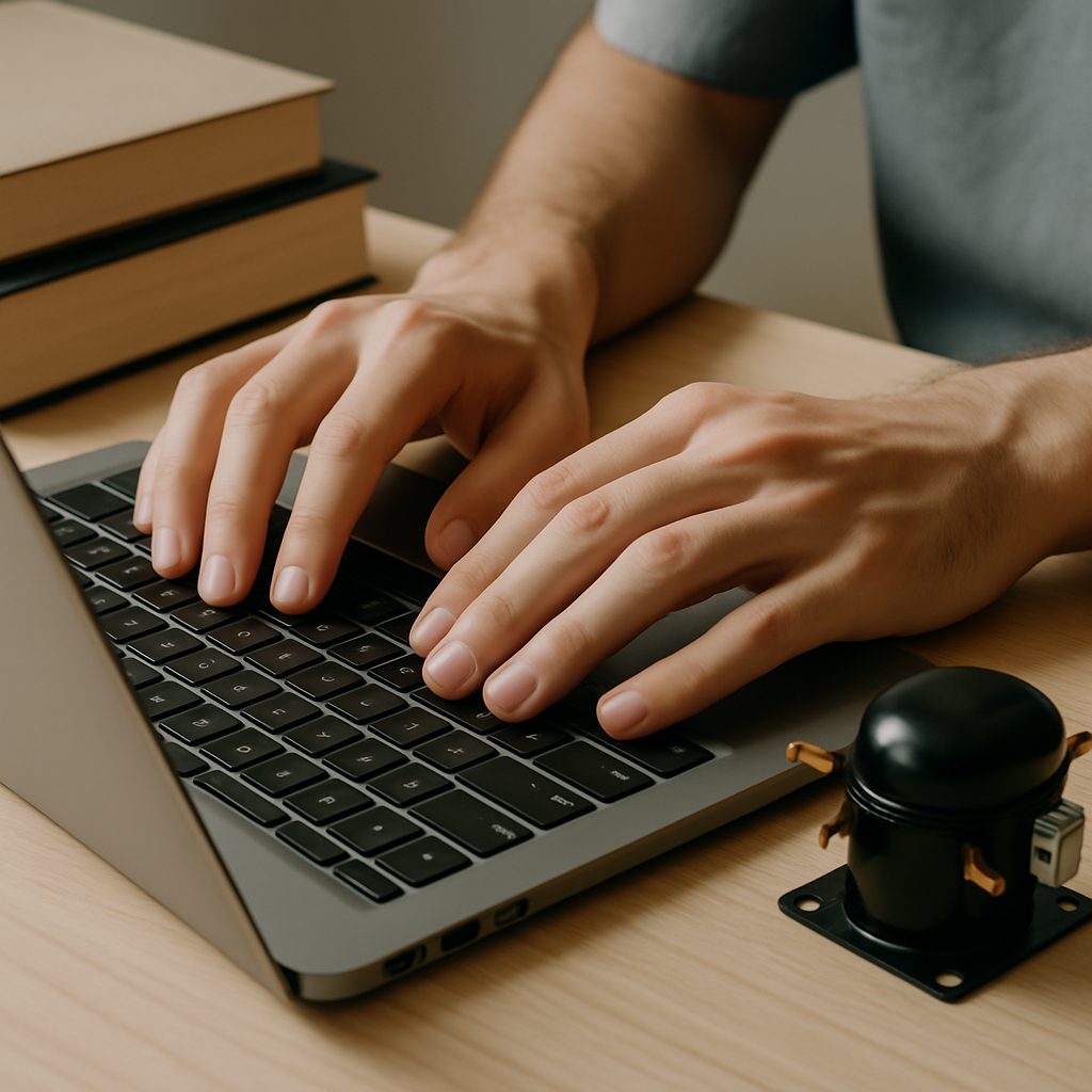 Mãos digitando em laptop com componentes de refrigeração