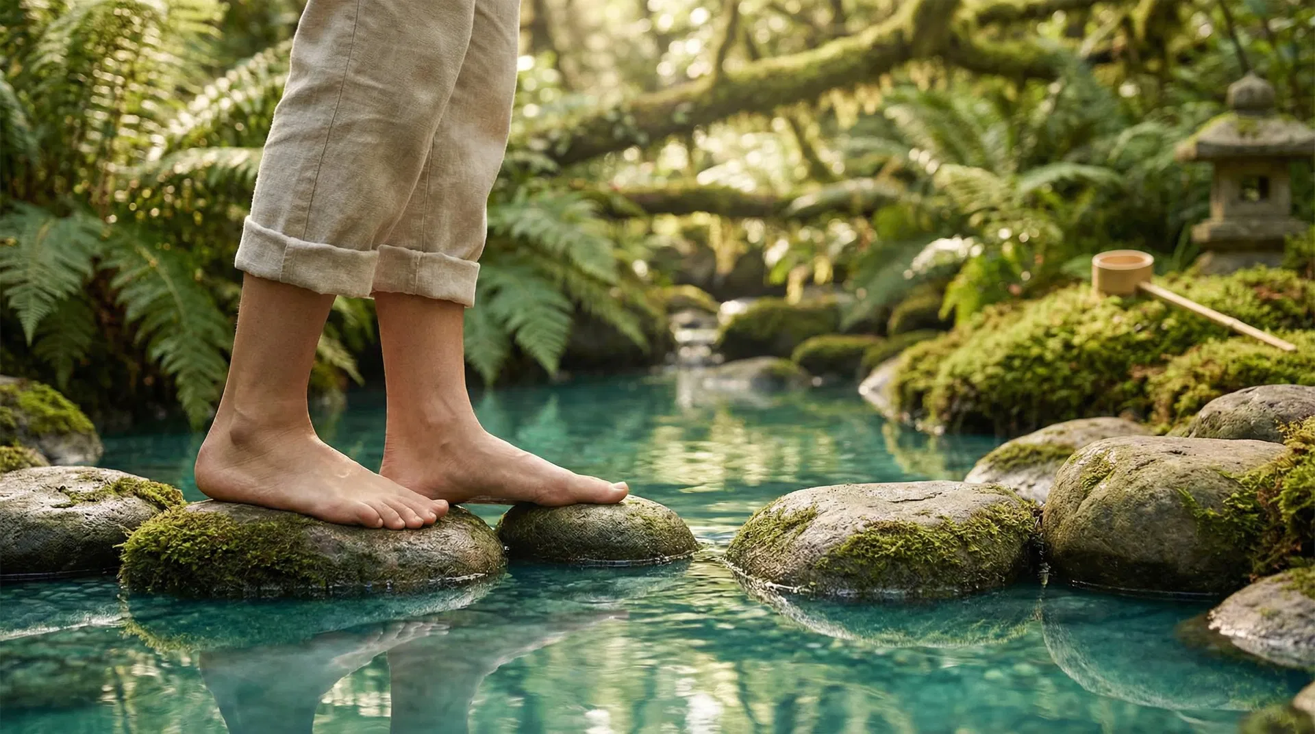 Füße auf Steinen im klaren Wasser