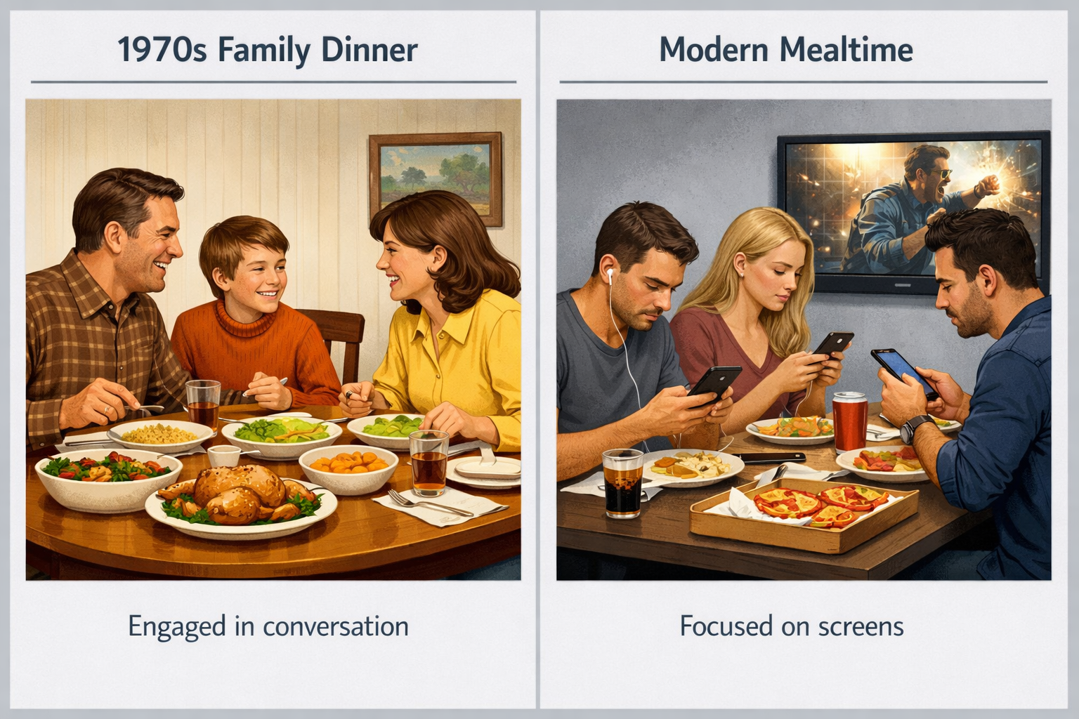 Comparison of dining atmospheres: social interaction in the 1970s vs. screen-focused meals today