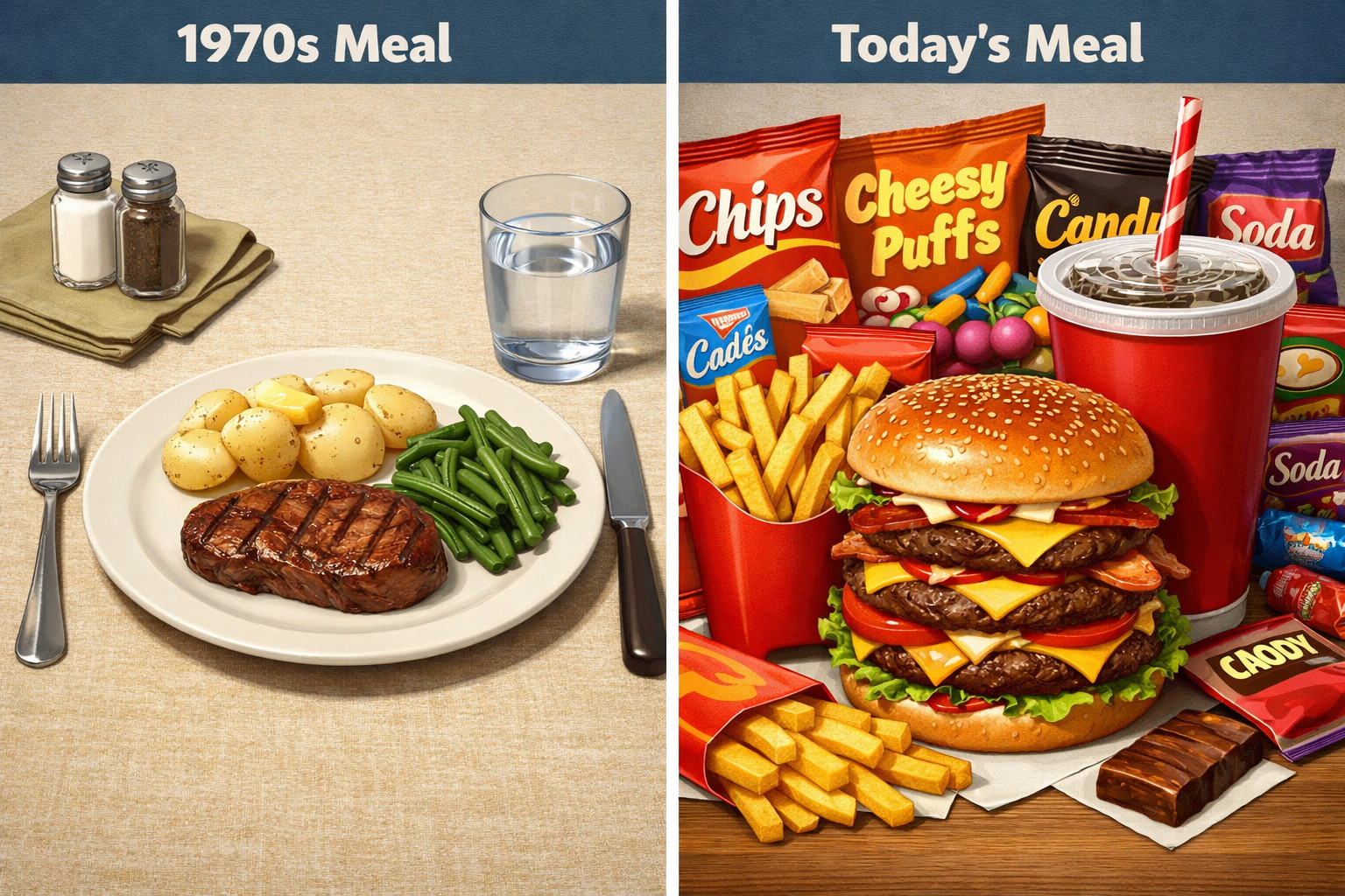Comparison of food portions and processing between the 1970s and today