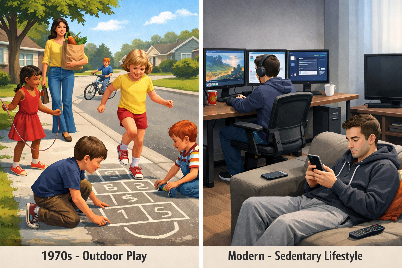 Comparison of daily activity levels between the 1970s and the modern sedentary lifestyle