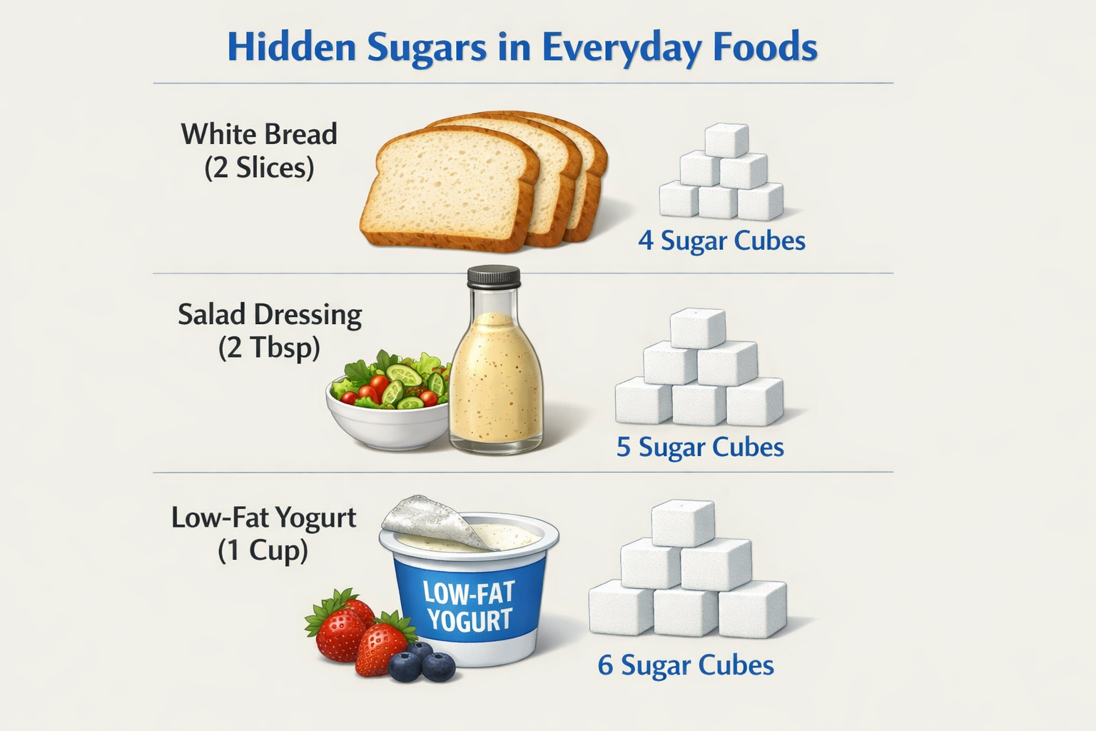 Infographic showing hidden sugars in common modern foods