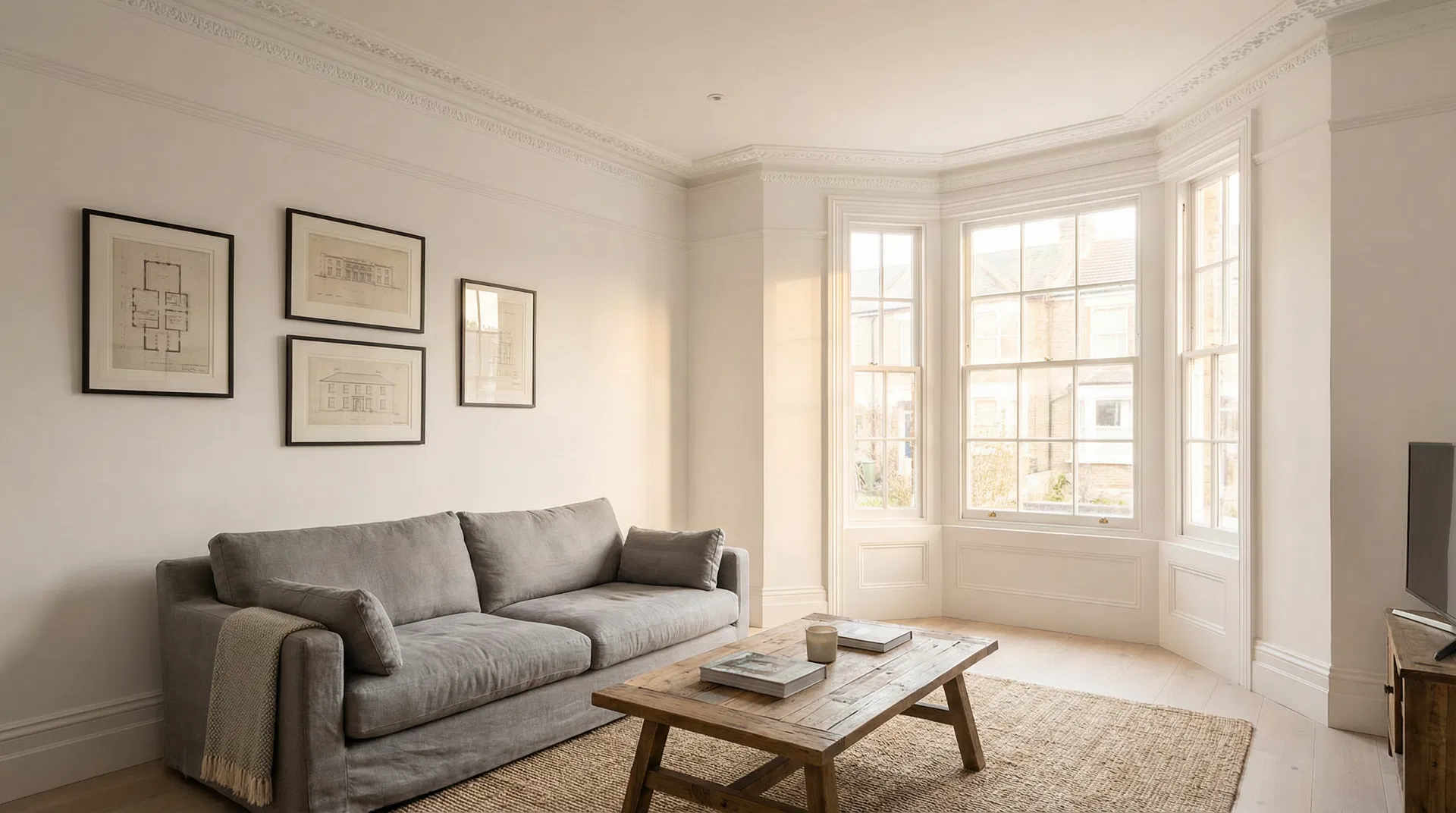 Professional plastering work - smooth white walls with crown molding