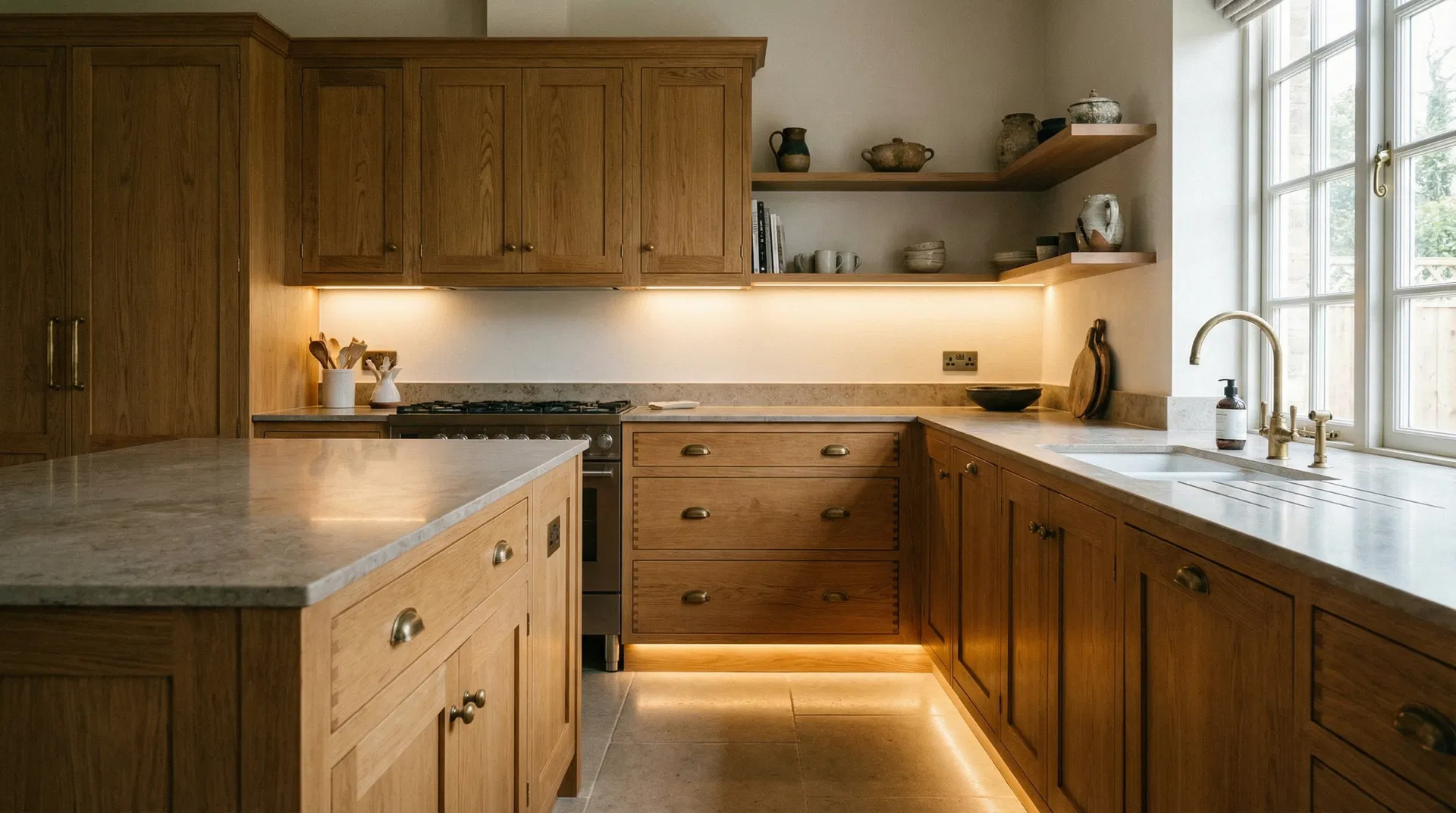 Custom oak kitchen cabinets with brass hardware